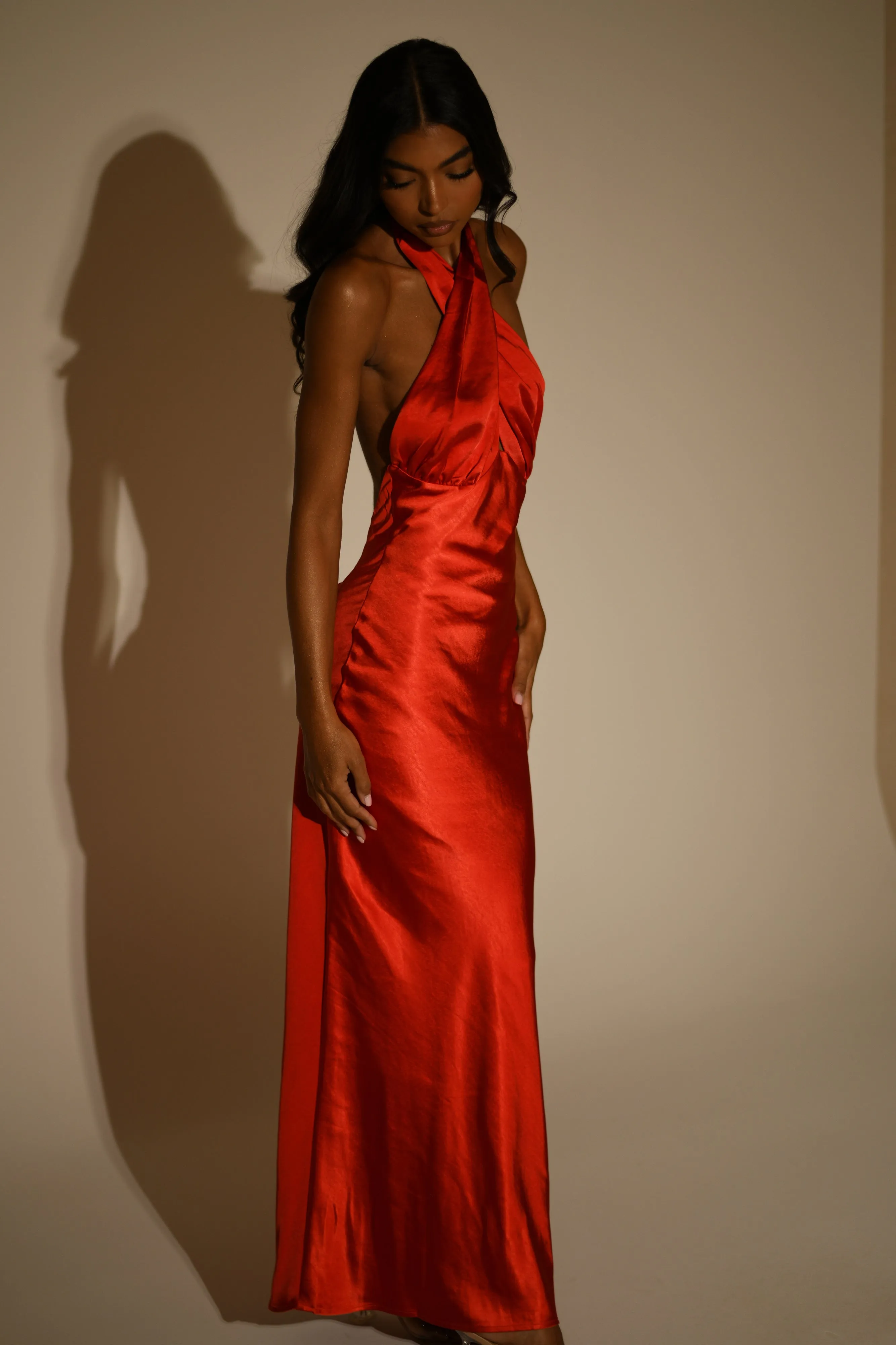 Marvelle Satin Halter Maxi Dress - Vermilion Red sold by Meshki