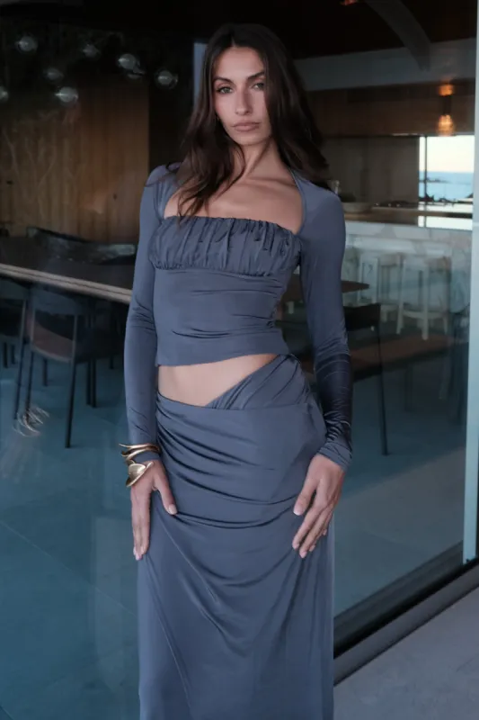 Billie Slinky Ruched Long Sleeve Top - Charcoal sold by Meshki