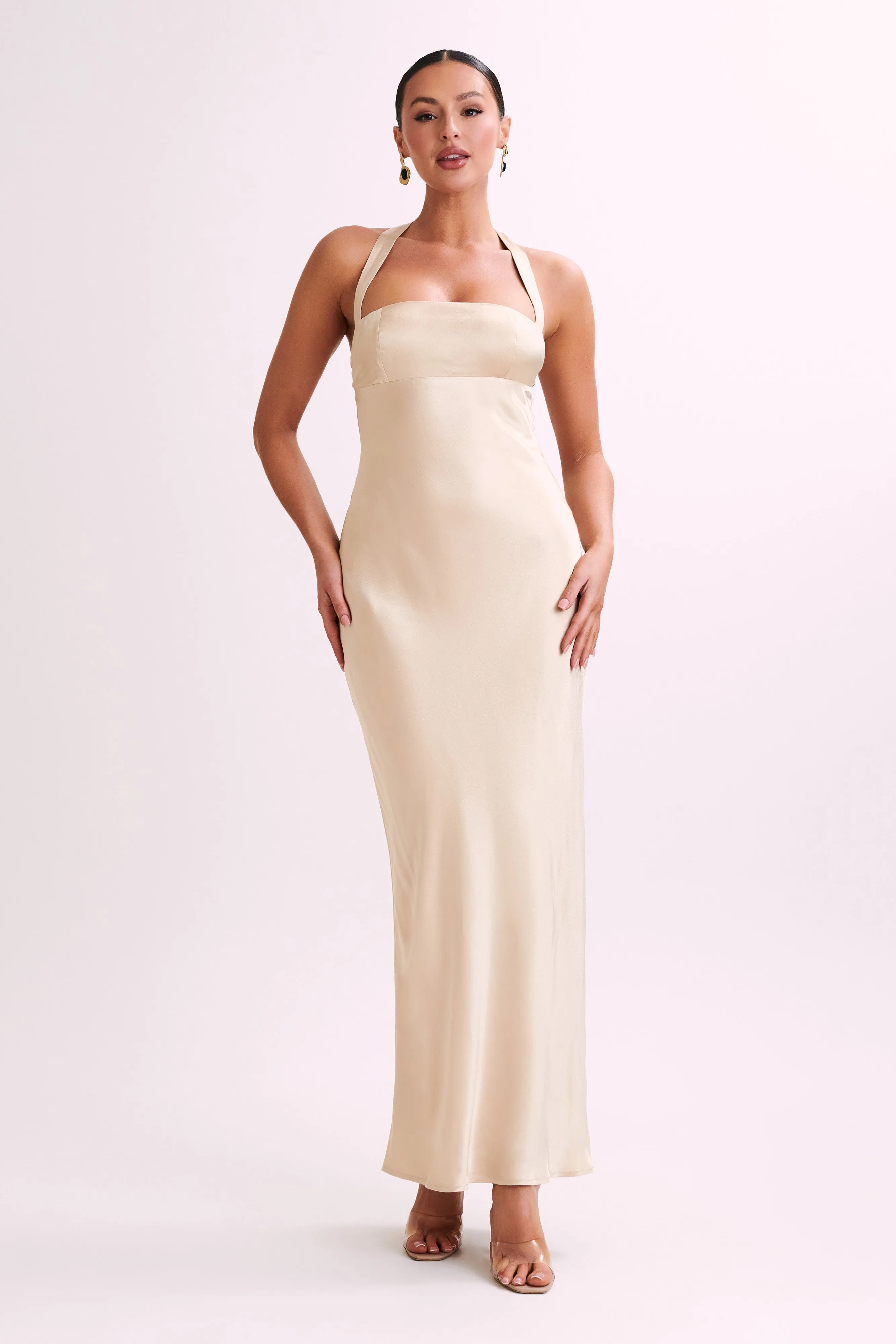 Sabra Satin Halter Maxi Dress - Gold sold by Meshki