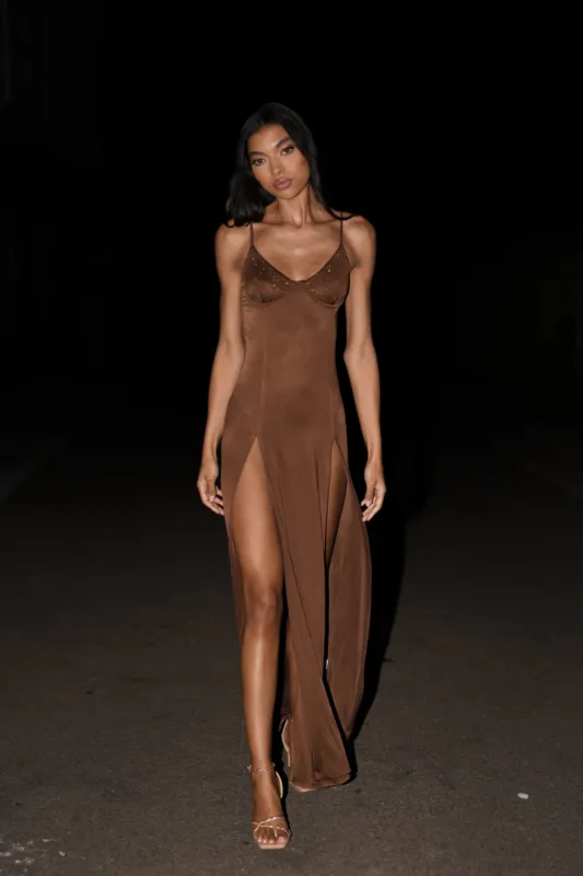 Jojo Jersey Split Maxi Dress With Diamante - Chocolate sold by Meshki