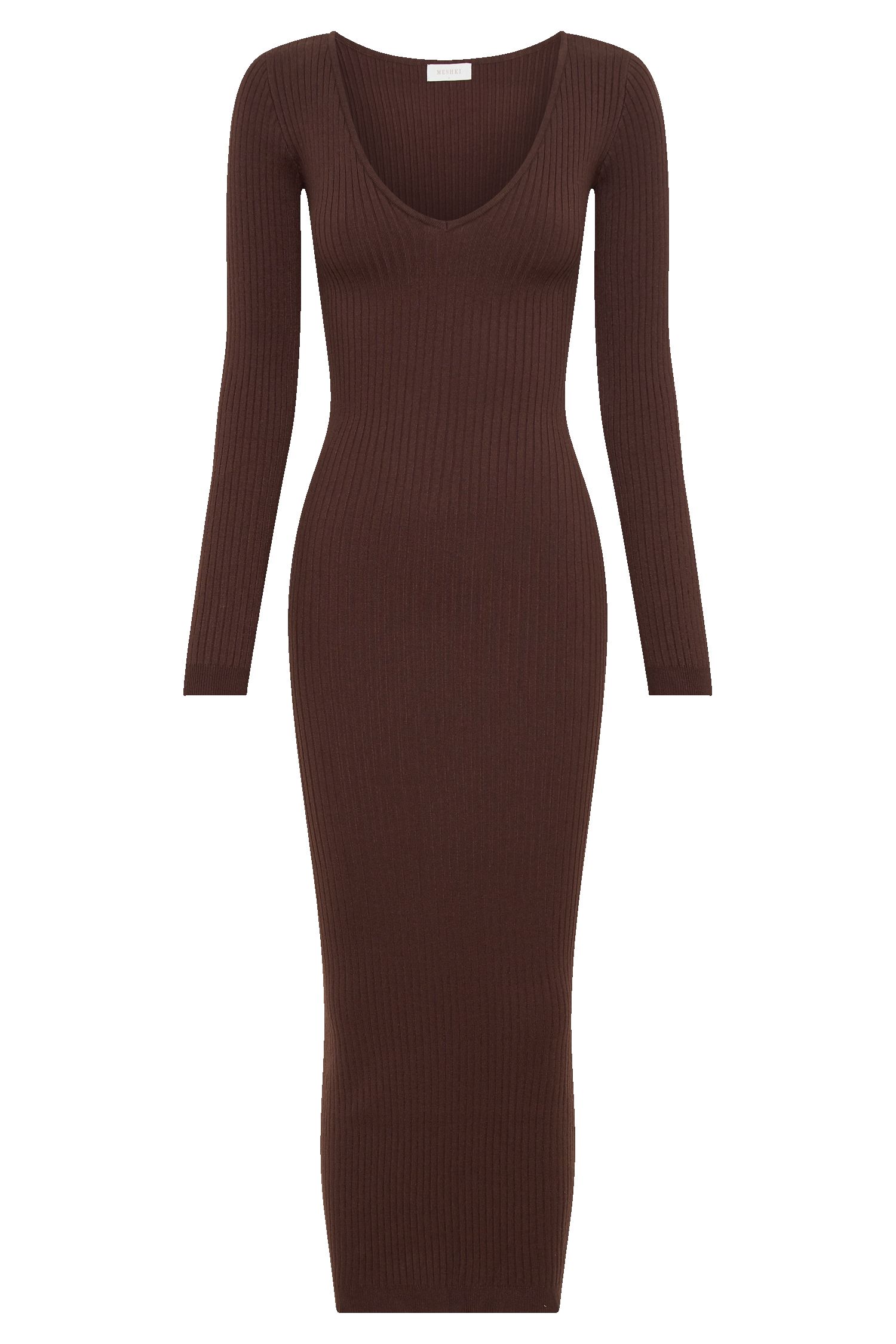 Nina Long Sleeve Knit Midi Dress - Chocolate sold by Meshki product image thumbnail 8