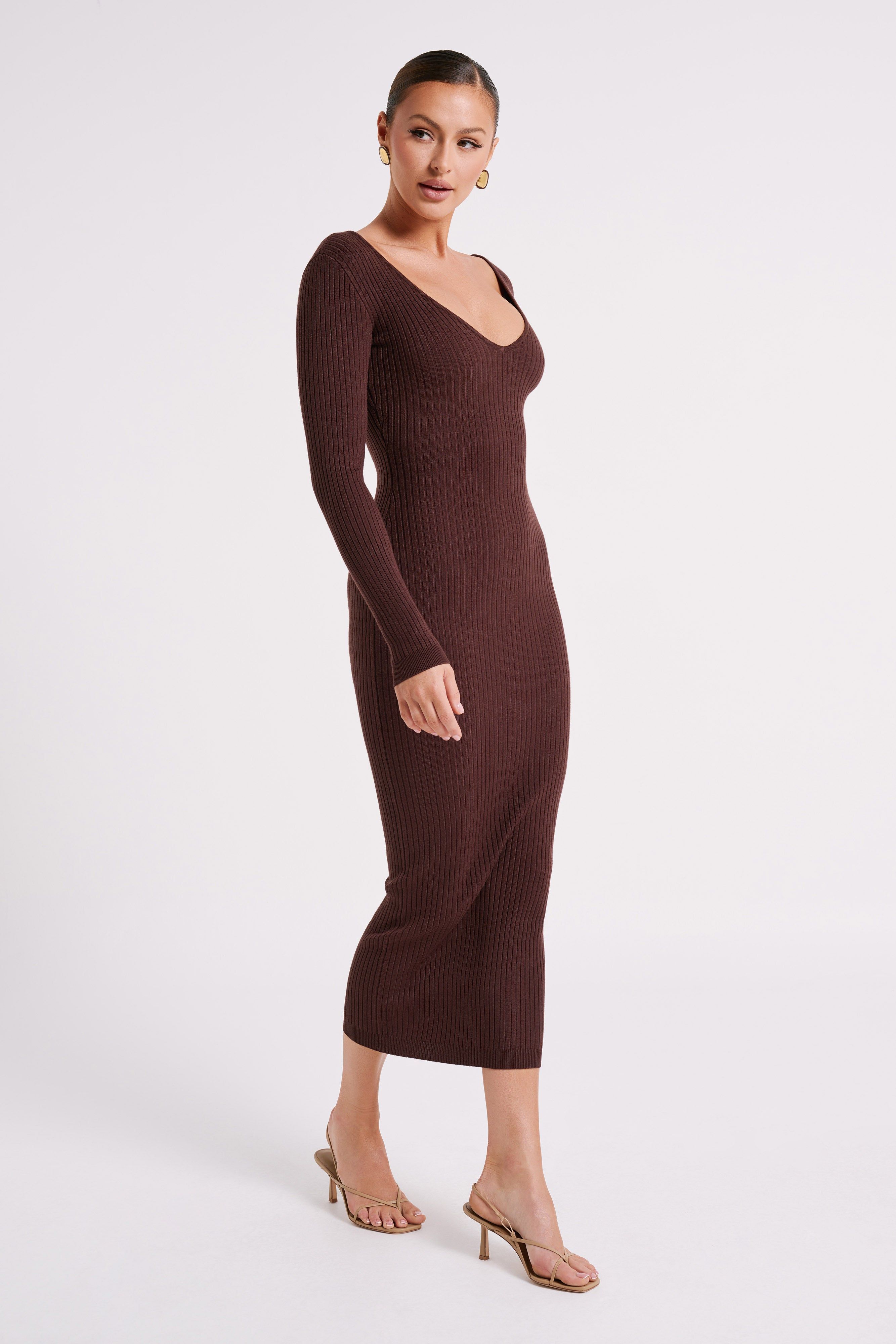 Nina Long Sleeve Knit Midi Dress - Chocolate sold by Meshki product image thumbnail 5