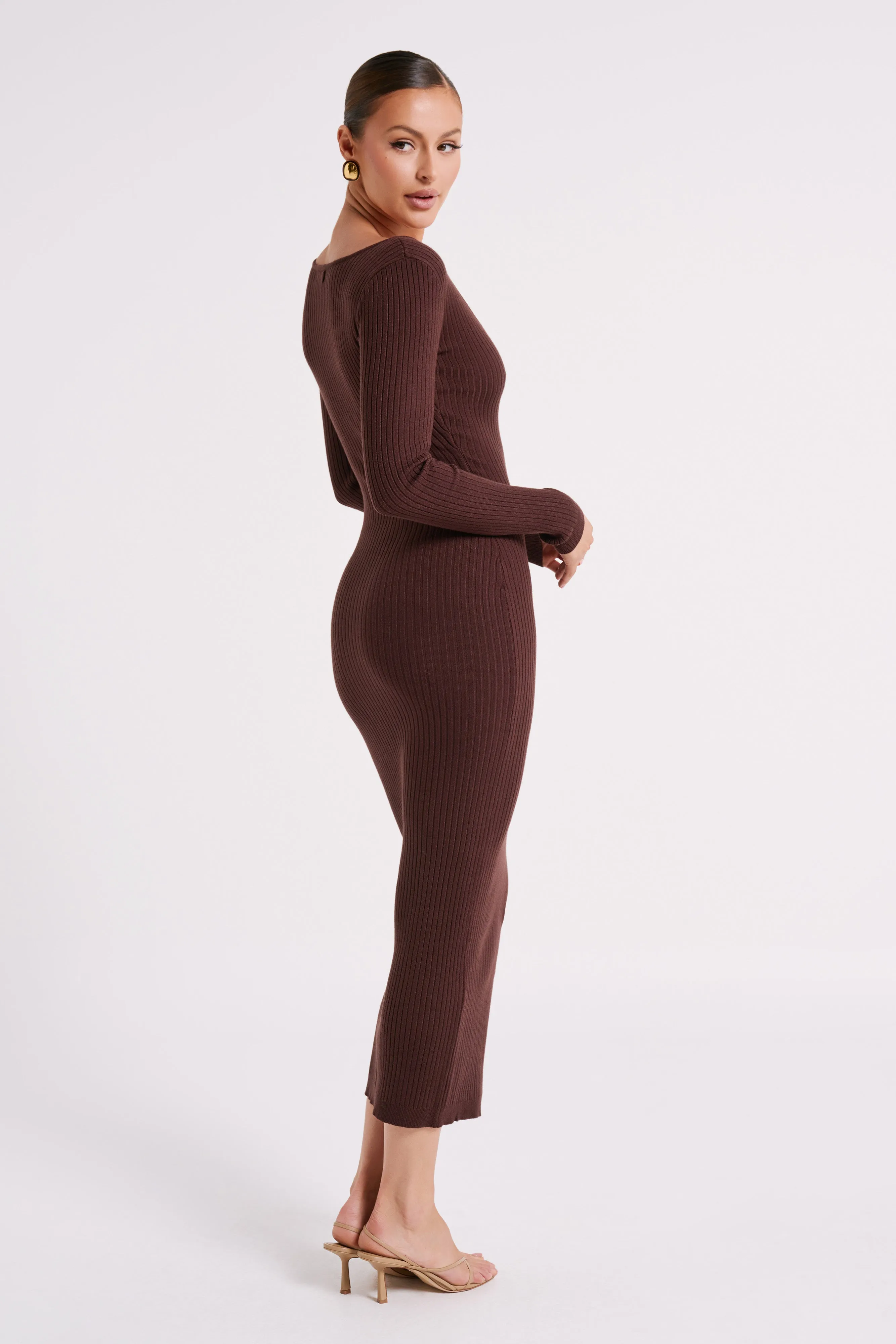 Nina Long Sleeve Knit Midi Dress - Chocolate sold by Meshki product image thumbnail 4