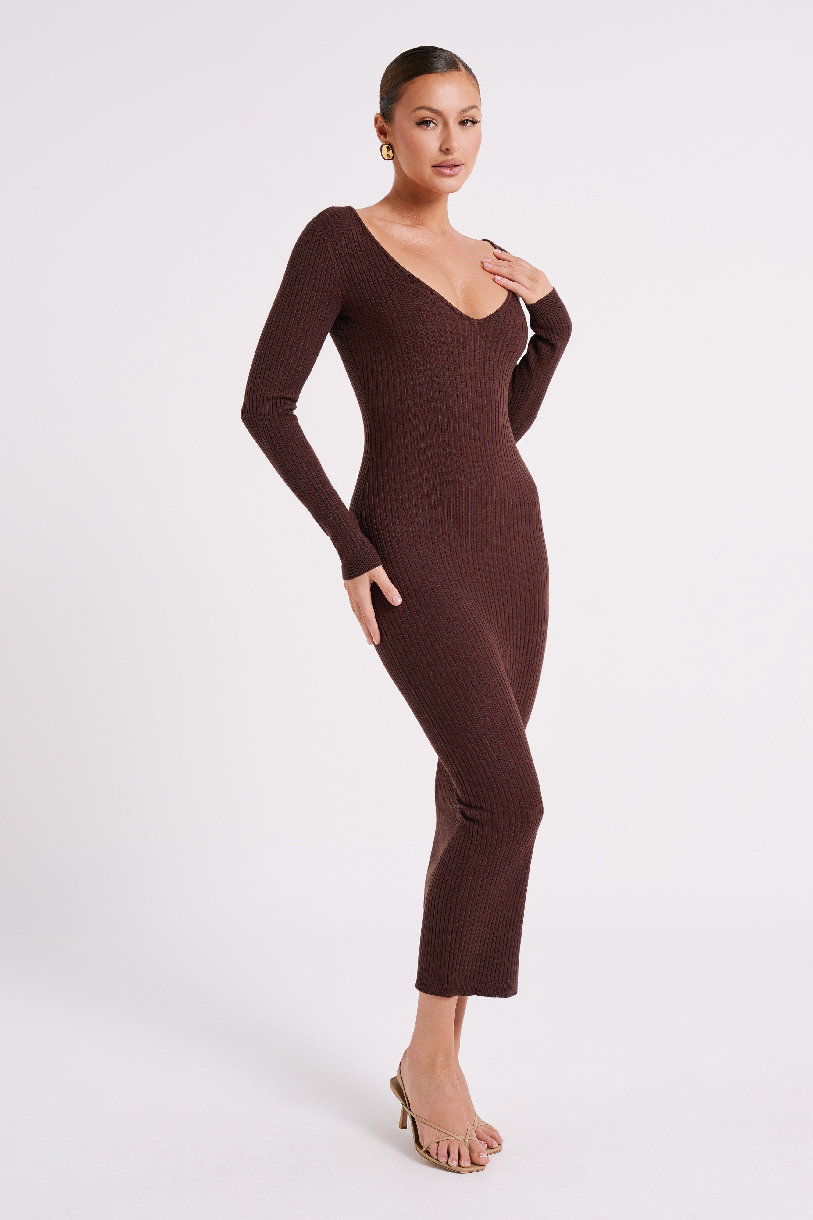 Nina Long Sleeve Knit Midi Dress - Chocolate sold by Meshki product image thumbnail 6
