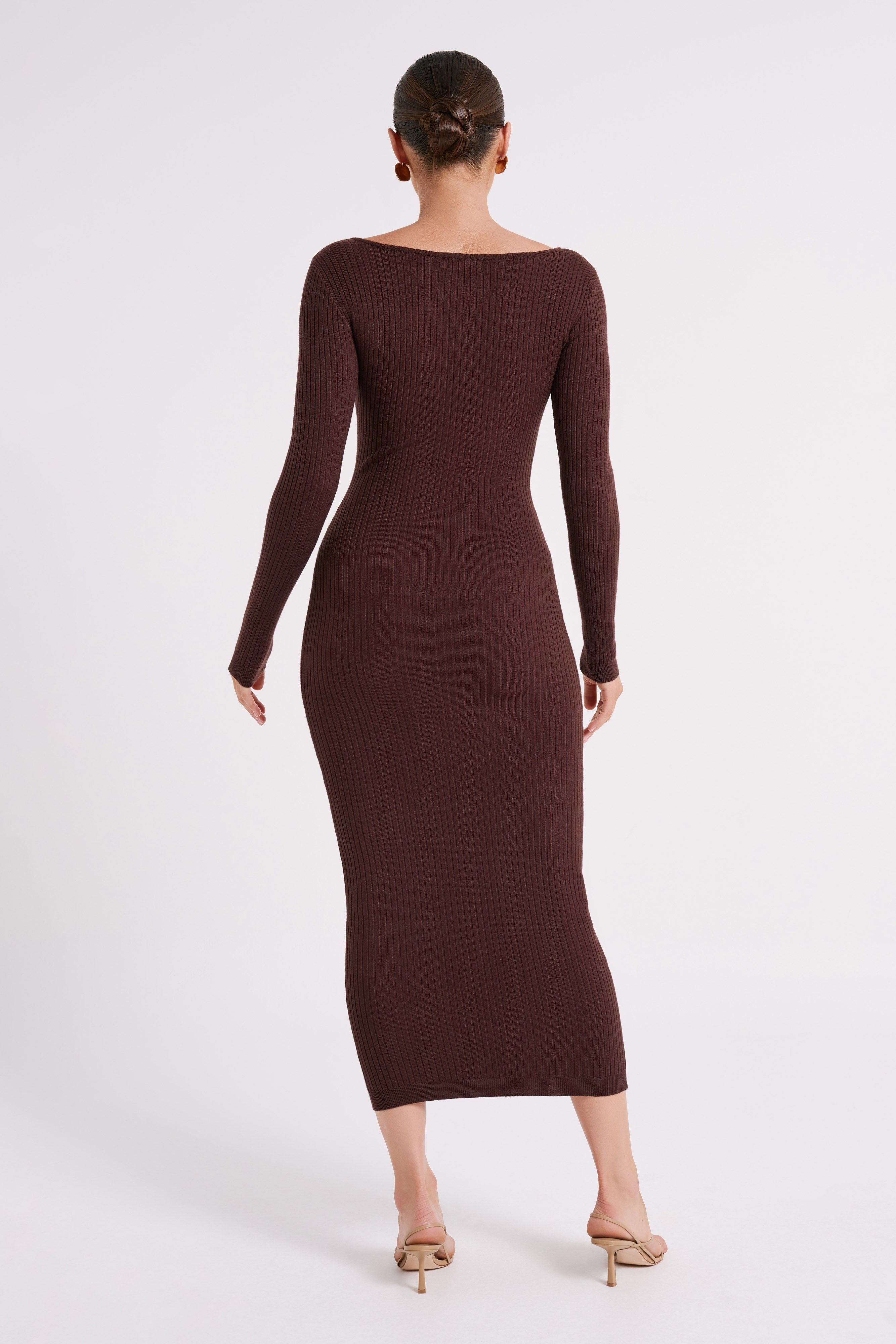 Nina Long Sleeve Knit Midi Dress - Chocolate sold by Meshki product image thumbnail 3