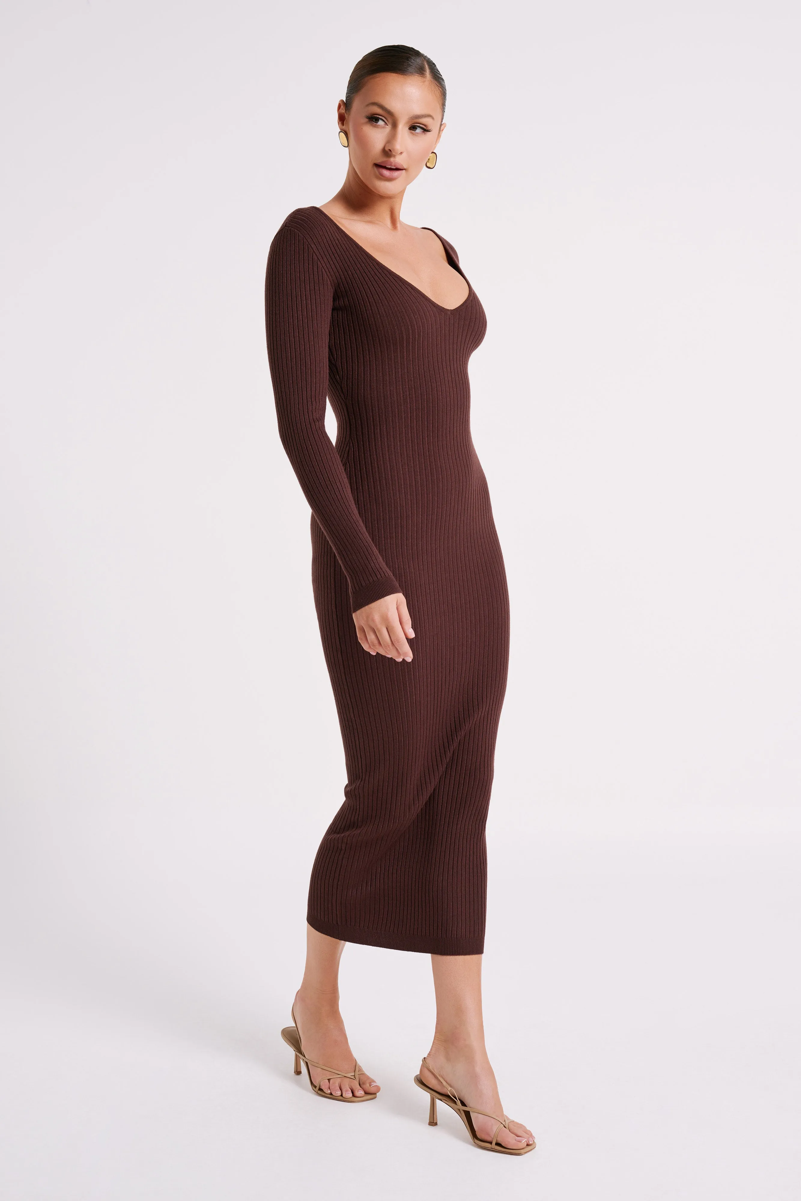 Nina Long Sleeve Knit Midi Dress - Chocolate sold by Meshki product image thumbnail 5