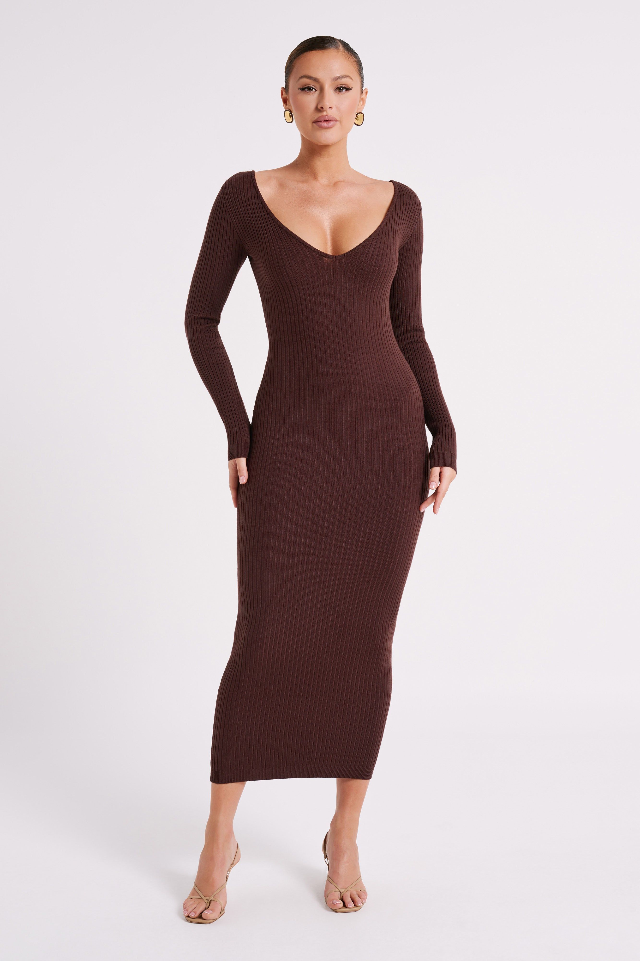 Nina Long Sleeve Knit Midi Dress - Chocolate sold by Meshki