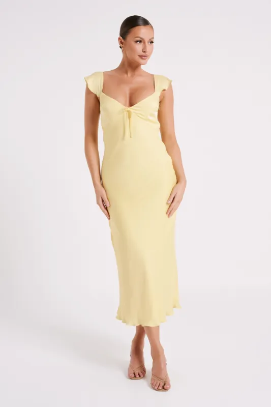 Chantal Short Sleeve Satin Midi Dress - Yellow sold by Meshki