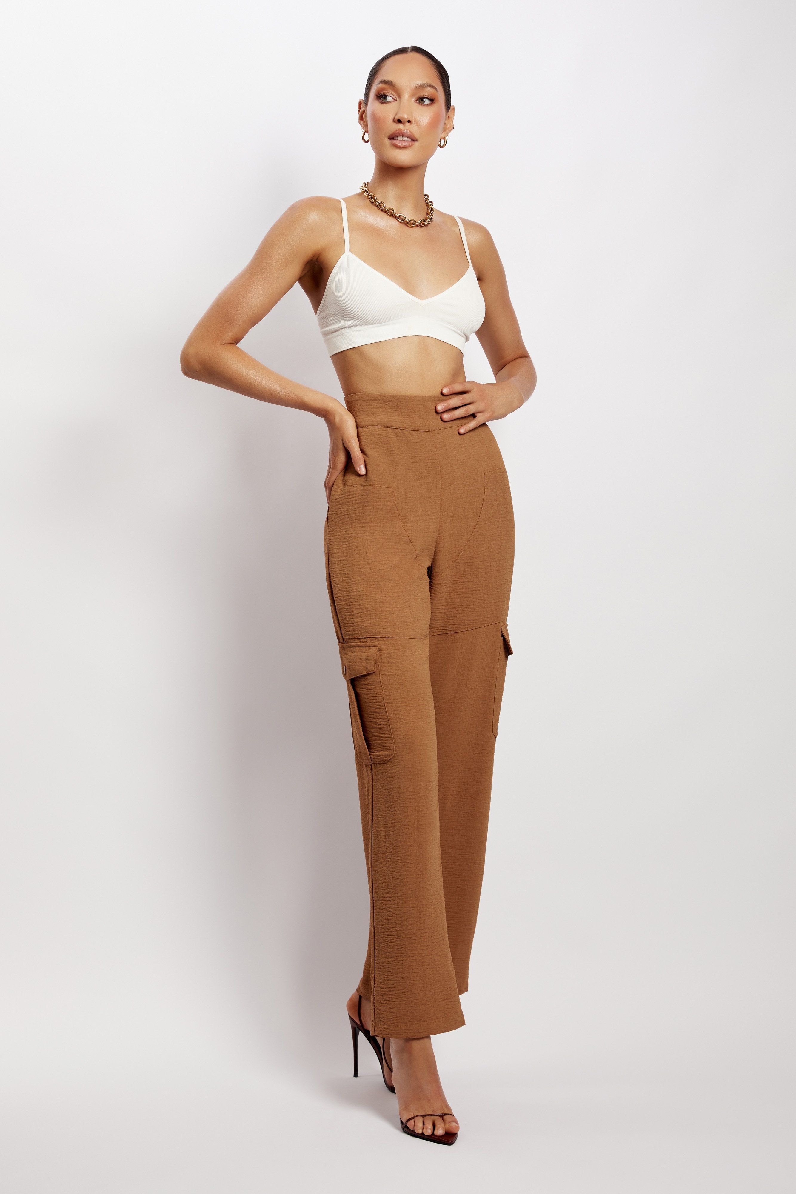 Malika Straight Leg Trousers - Tan sold by Meshki product image thumbnail 5