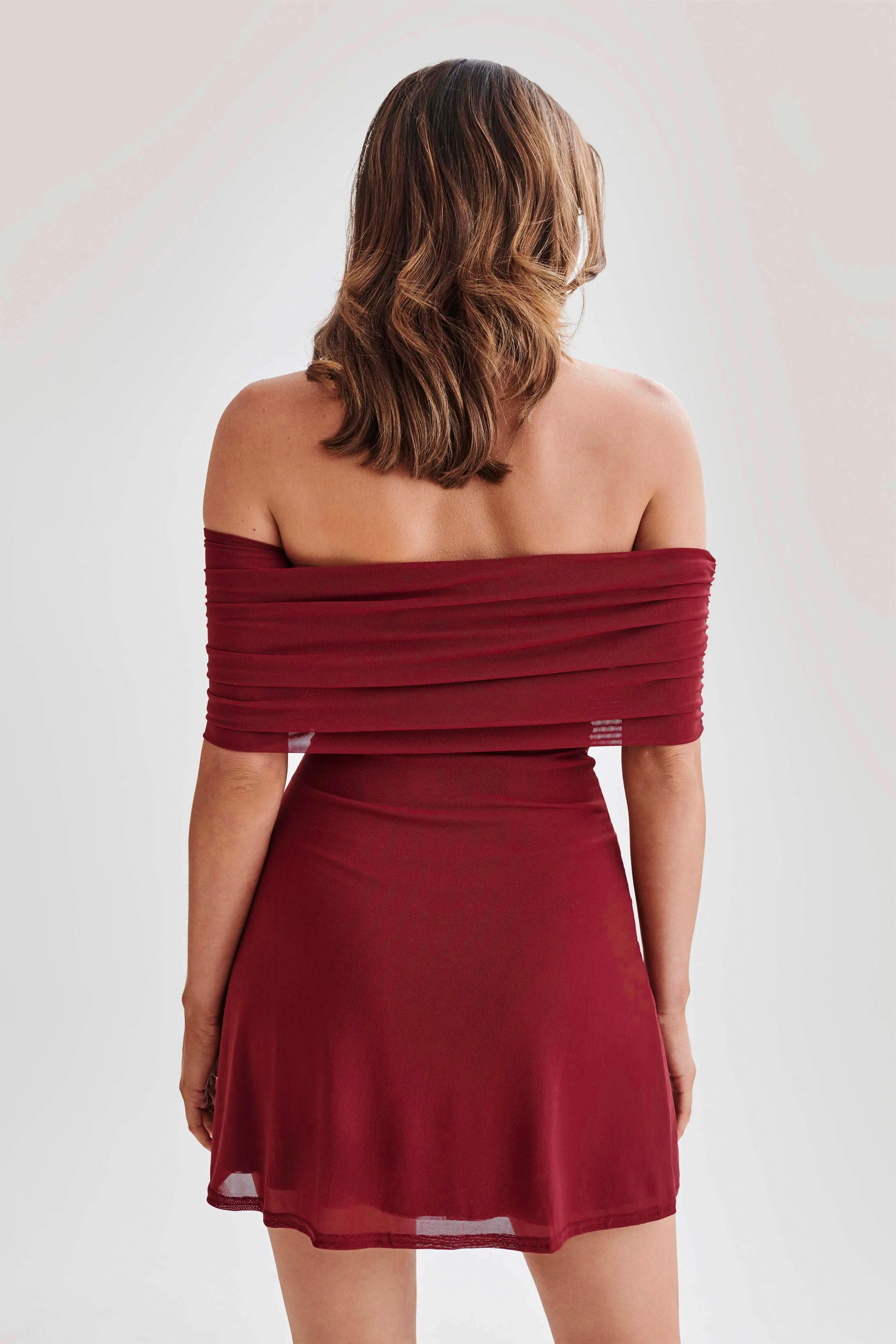 Josie Off Shoulder Mesh Mini Dress - Wine sold by Meshki product image thumbnail 3