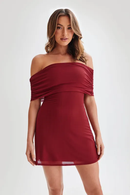 Josie Off Shoulder Mesh Mini Dress - Wine sold by Meshki