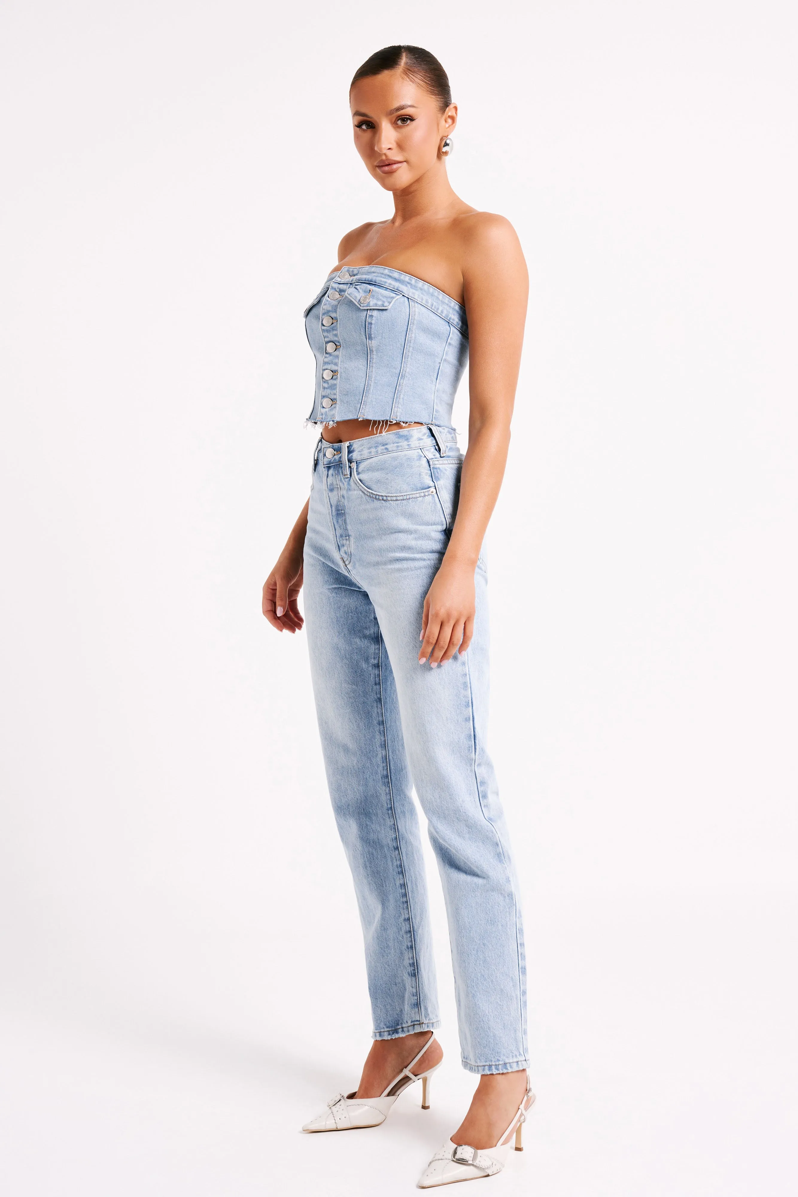 Sandy Buttoned Denim Tube Top - Mid Blue sold by Meshki product image thumbnail 5