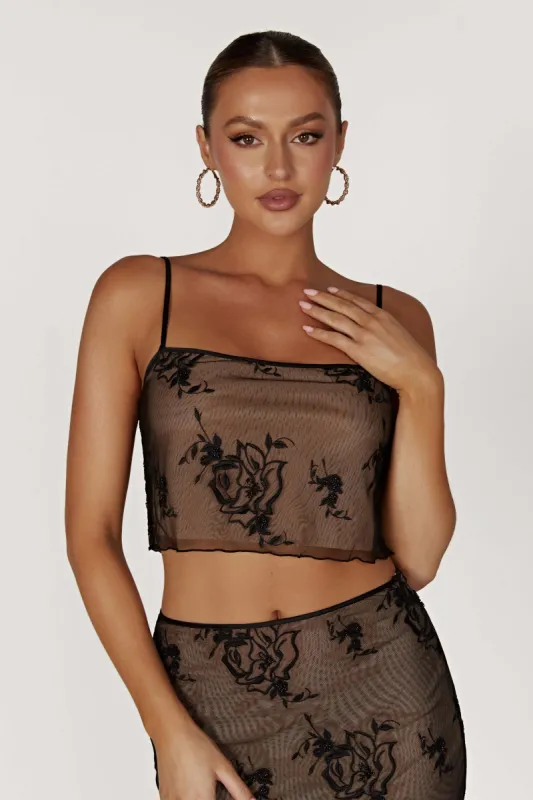 Xena Embroidered Mesh Cami Top - Black sold by Meshki