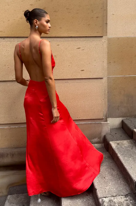 Kamala Low Back Satin Maxi Dress - Red sold by Meshki