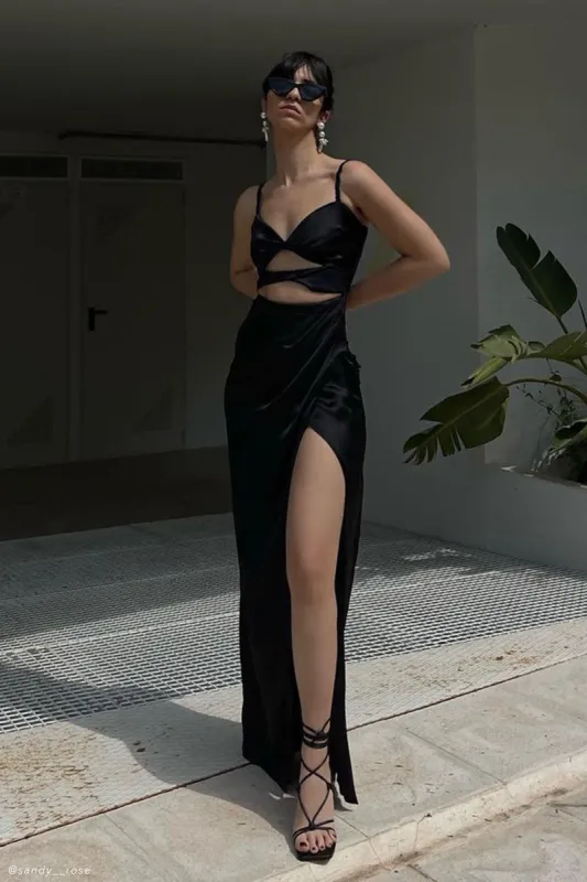 Cleo Satin Dress - Black sold by Meshki