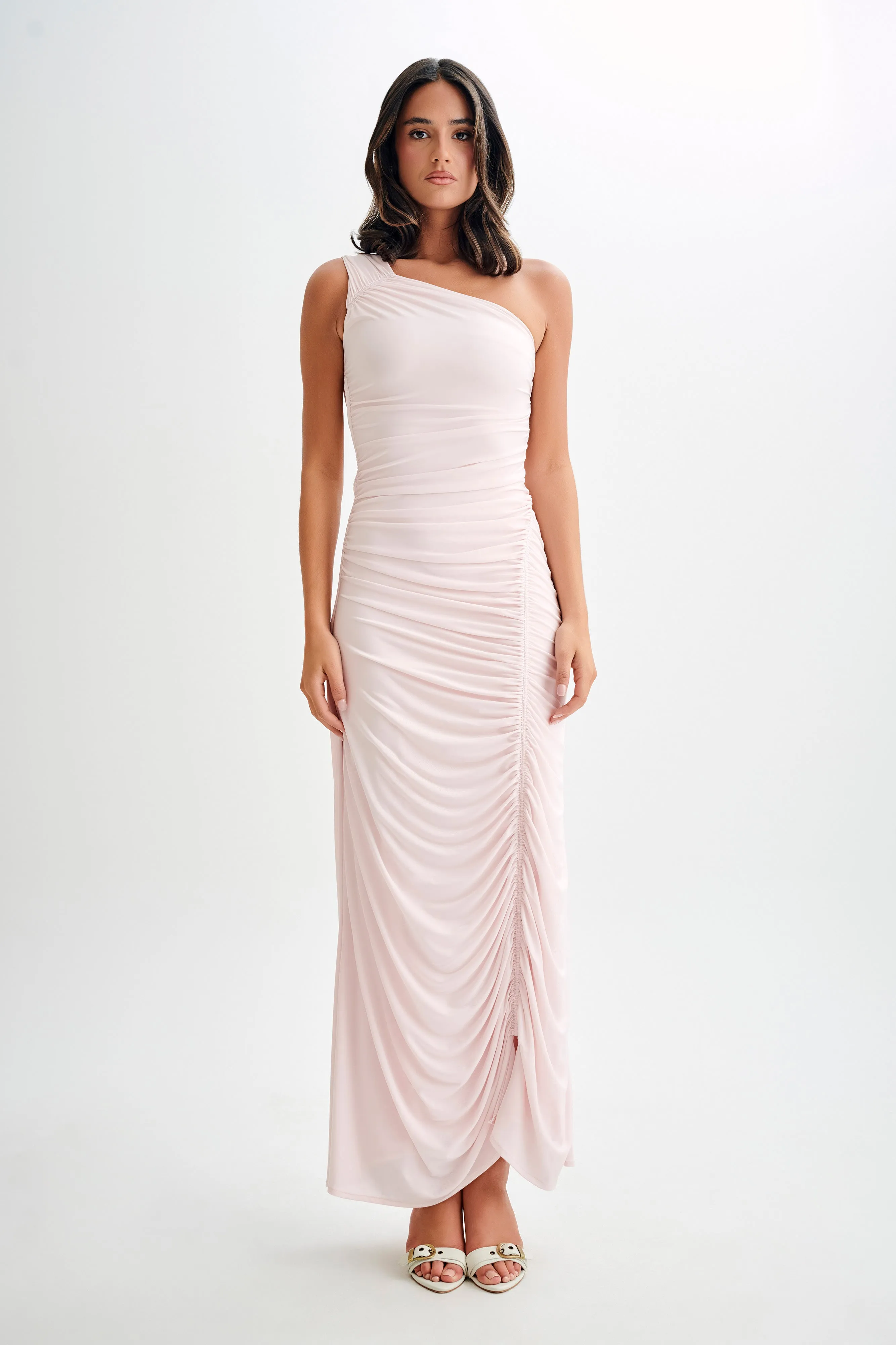 Capri Gathered Slinky Maxi Dress - Powder Pink sold by Meshki
