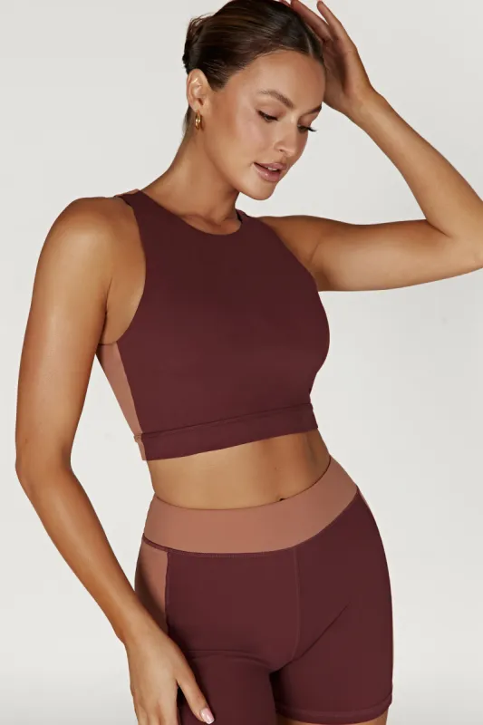 Lori Two Tone Racer Crop Top - Mahogany/Tan sold by Meshki