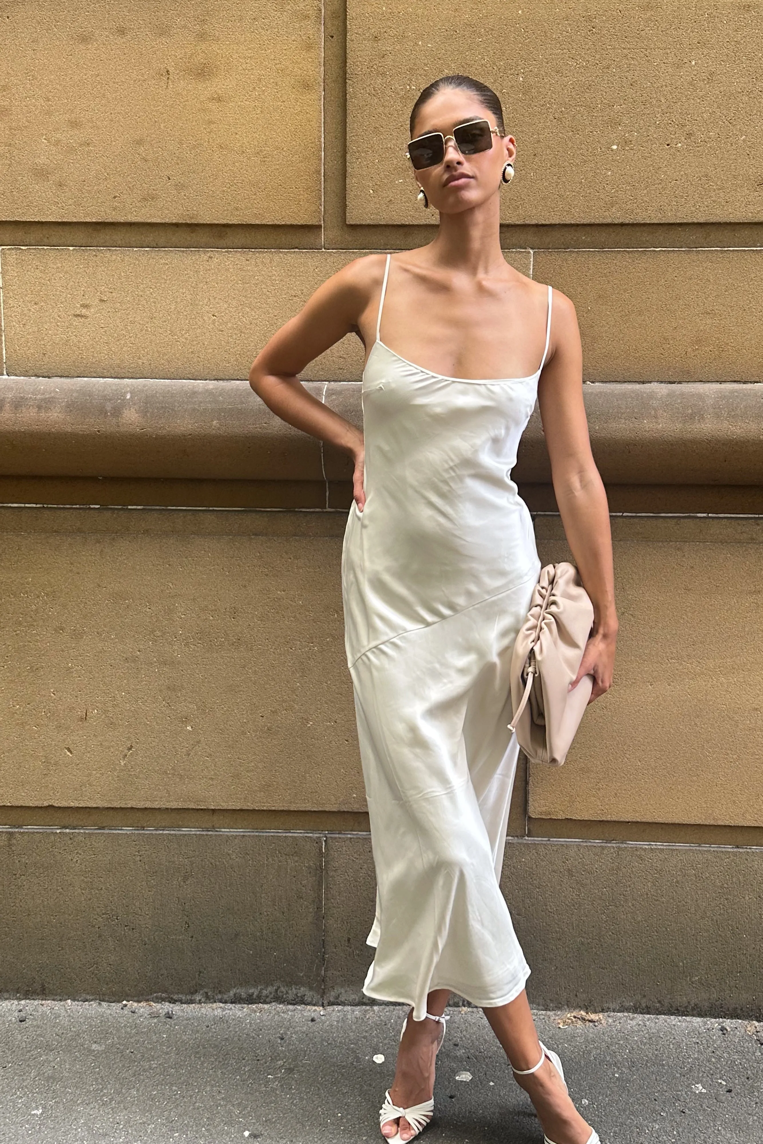 Brynlee Low Back Satin Maxi Dress - Sand sold by Meshki