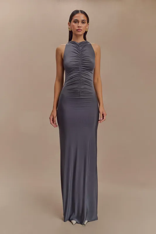 Priya Slinky Ruched Halter Maxi Dress - Dark Charcoal sold by Meshki