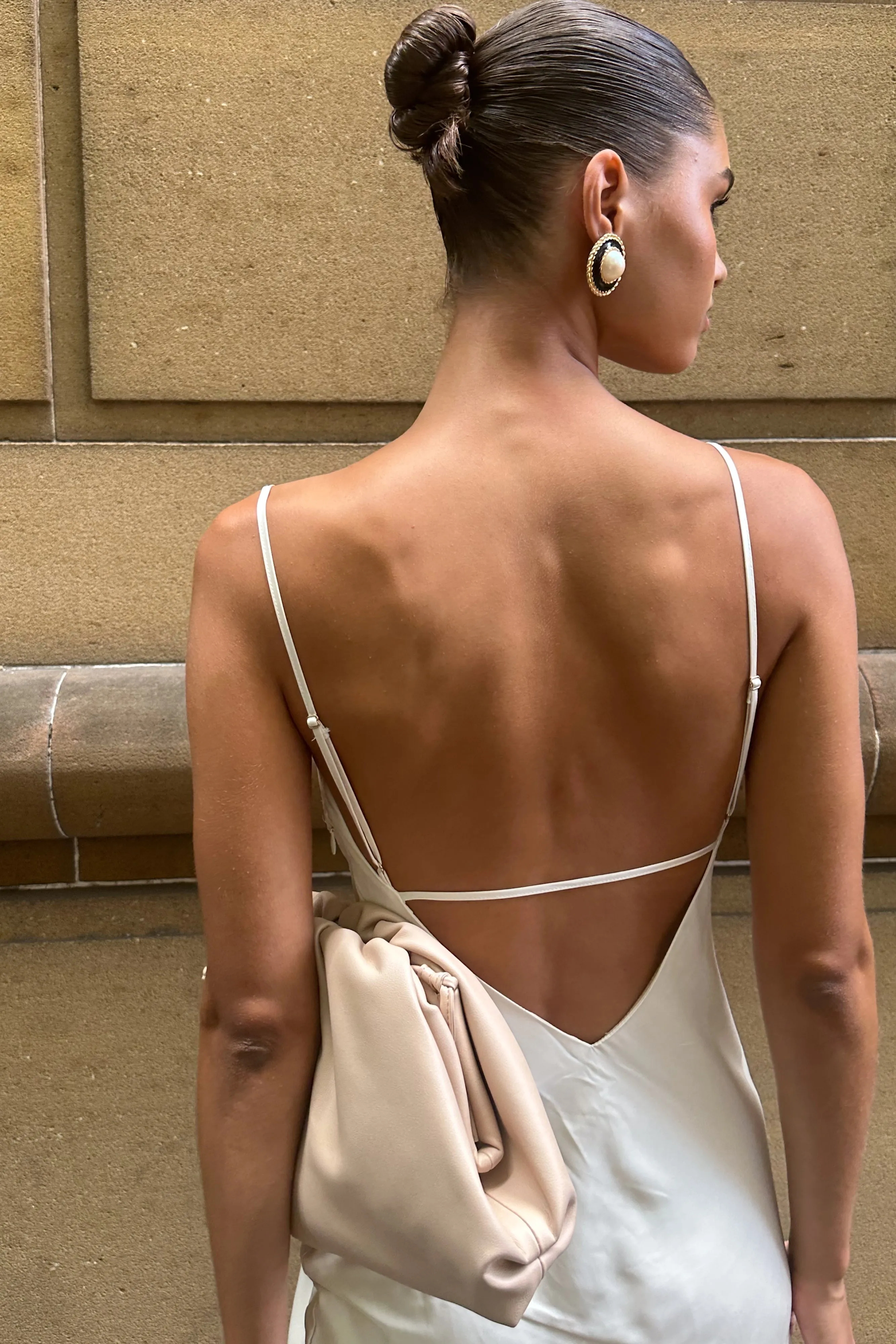 Brynlee Low Back Satin Maxi Dress - Sand sold by Meshki product image thumbnail 3