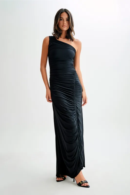 Capri Gathered Slinky Maxi Dress - Black sold by Meshki