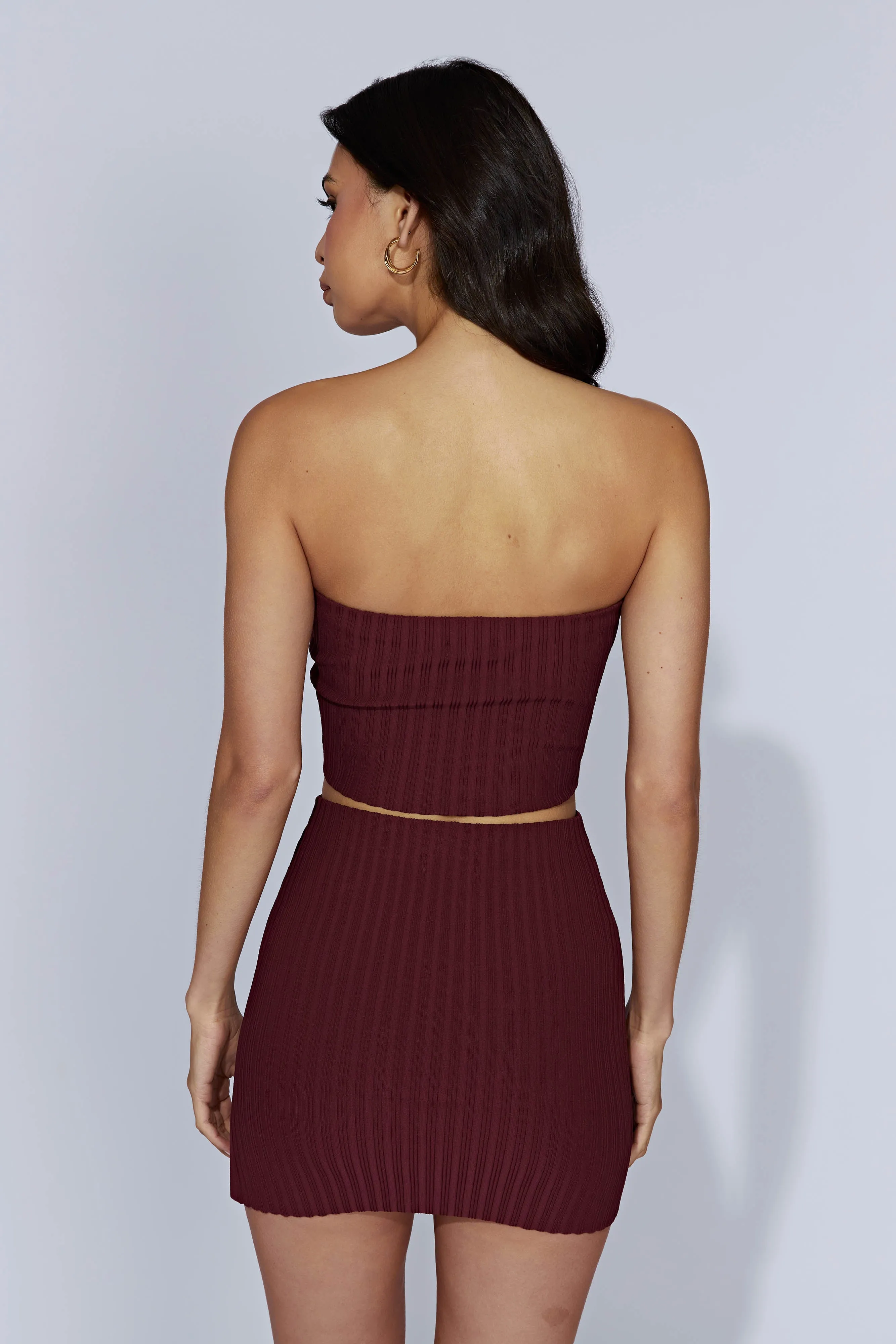 Shiloh Low Rise Knit Mini Skirt - Cherry Chocolate sold by Meshki product image thumbnail 2