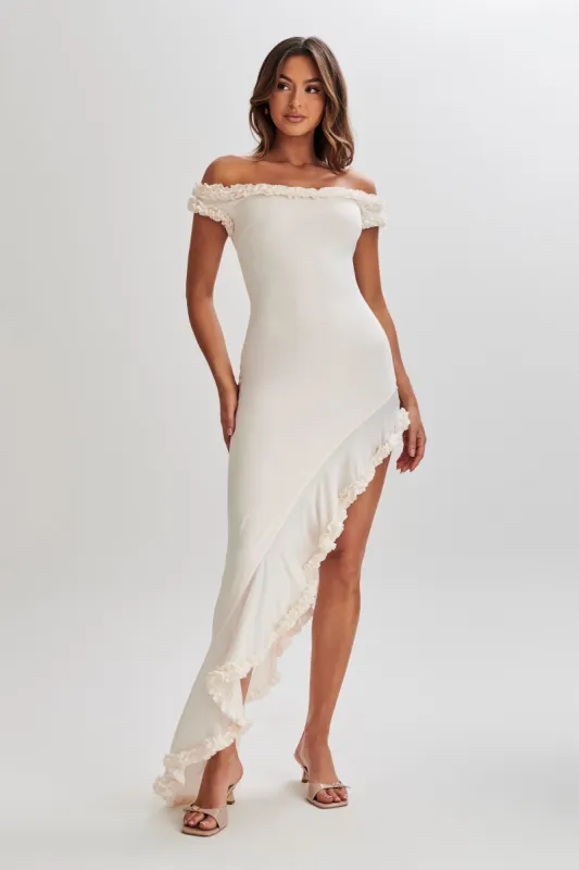 Arielle Off Shoulder Ruffle Midi Dress - Ivory | Parallel Arielle Off Shoulder Ruffle Midi Dress - Ivory | Parallel