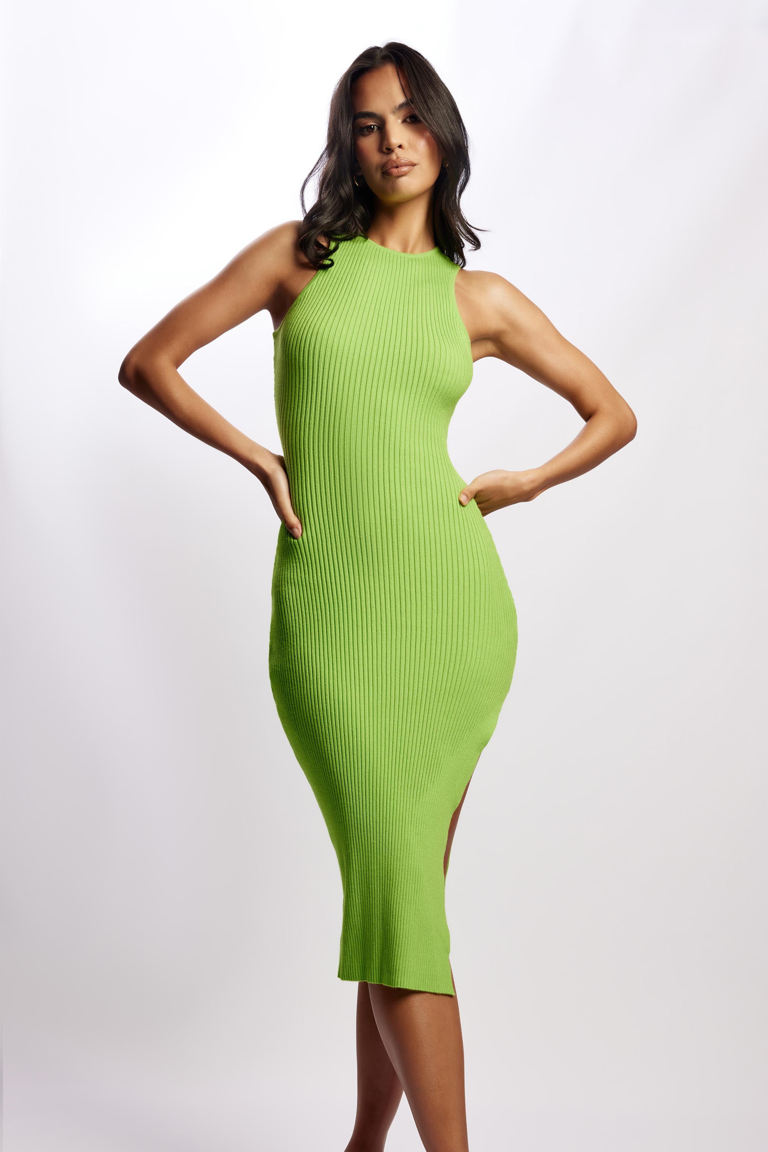 Sienna Knee Length Knit Midi Dress with Side Split - Lime Green sold by Meshki product image thumbnail 3