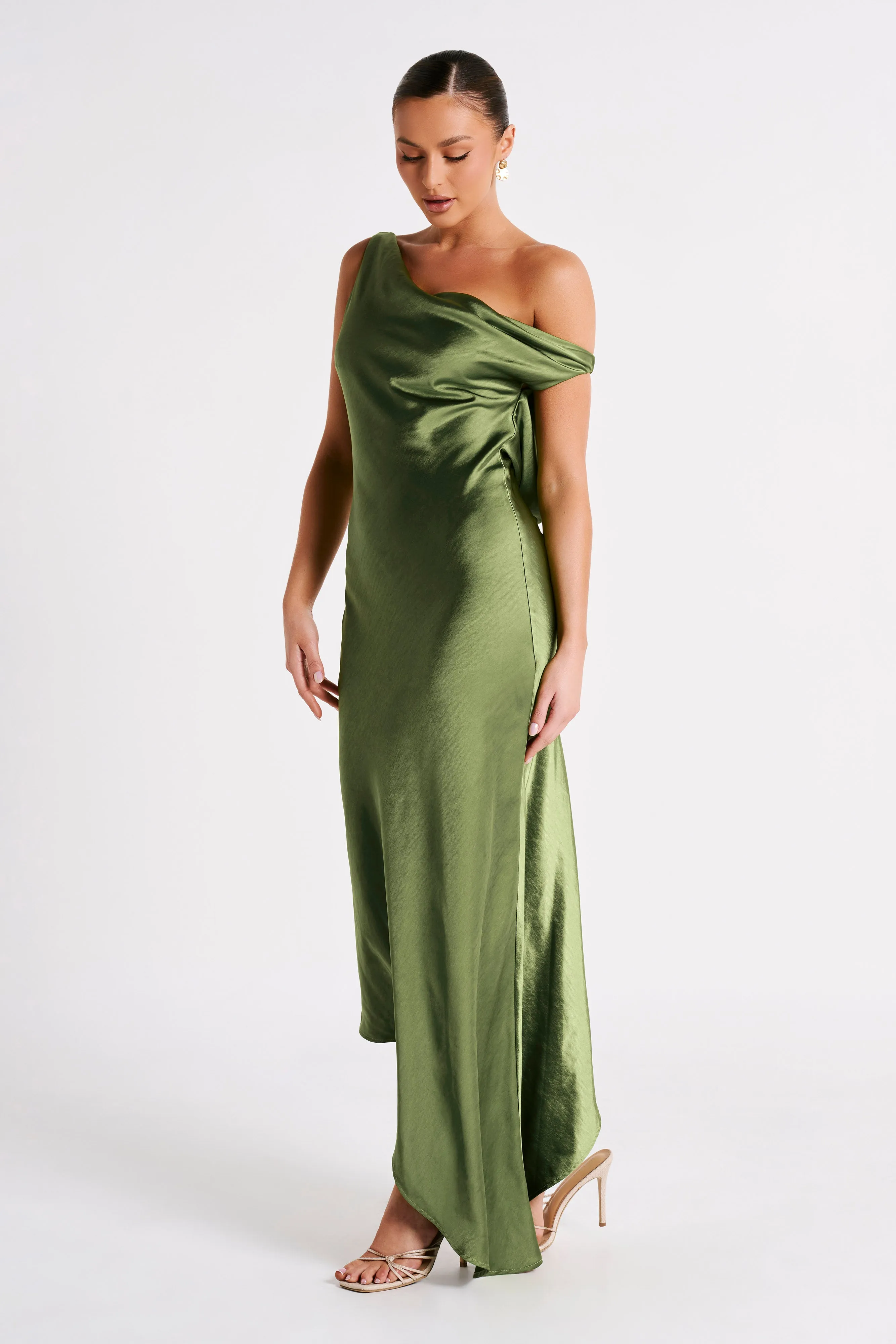 Yvette Slip Maxi Dress With Asymmetrical Hem - Emerald sold by Meshki