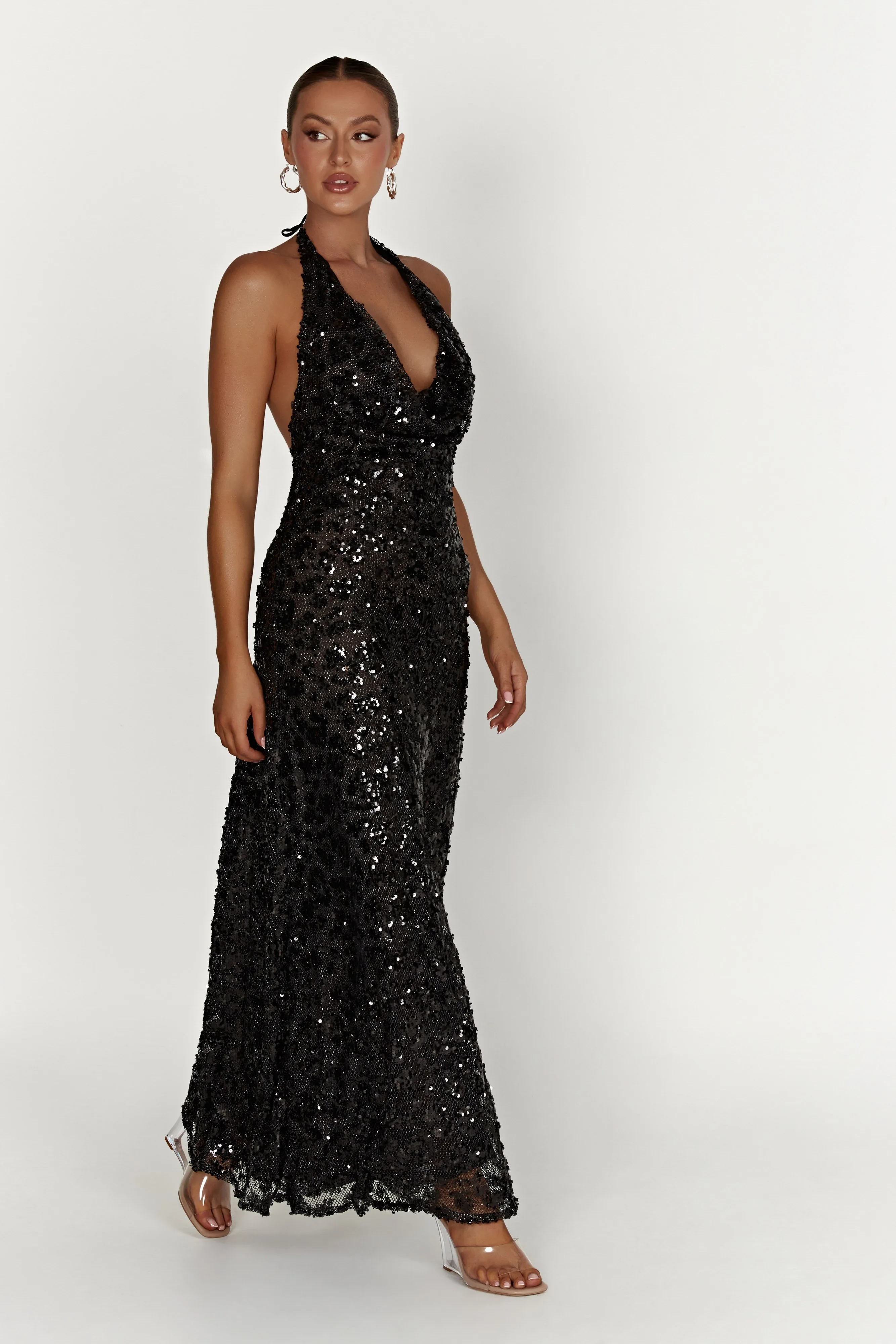 Nicola Plunge Neck Sequin Maxi Dress - Black sold by Meshki product image thumbnail 3