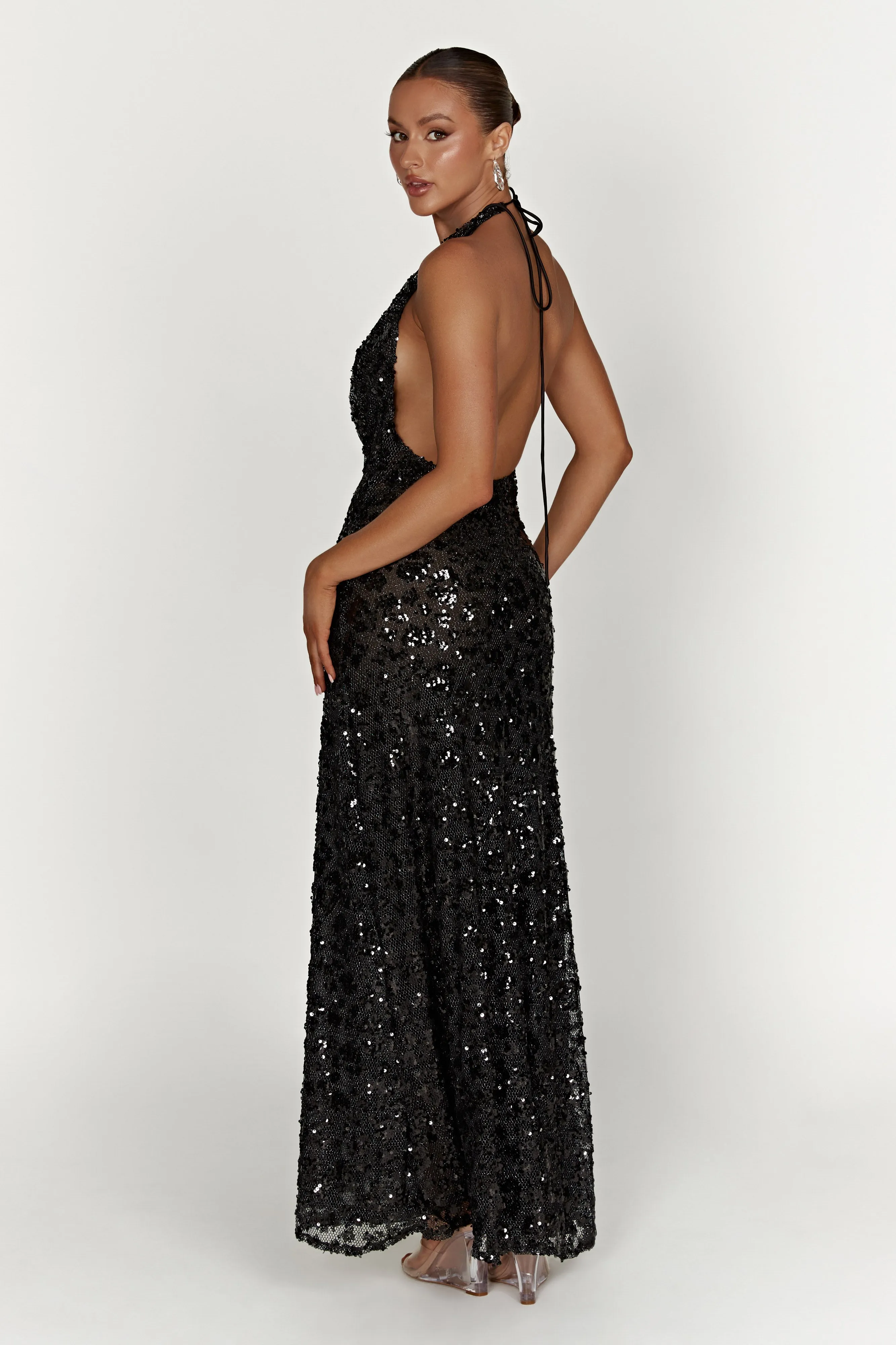 Nicola Plunge Neck Sequin Maxi Dress - Black sold by Meshki product image thumbnail 4