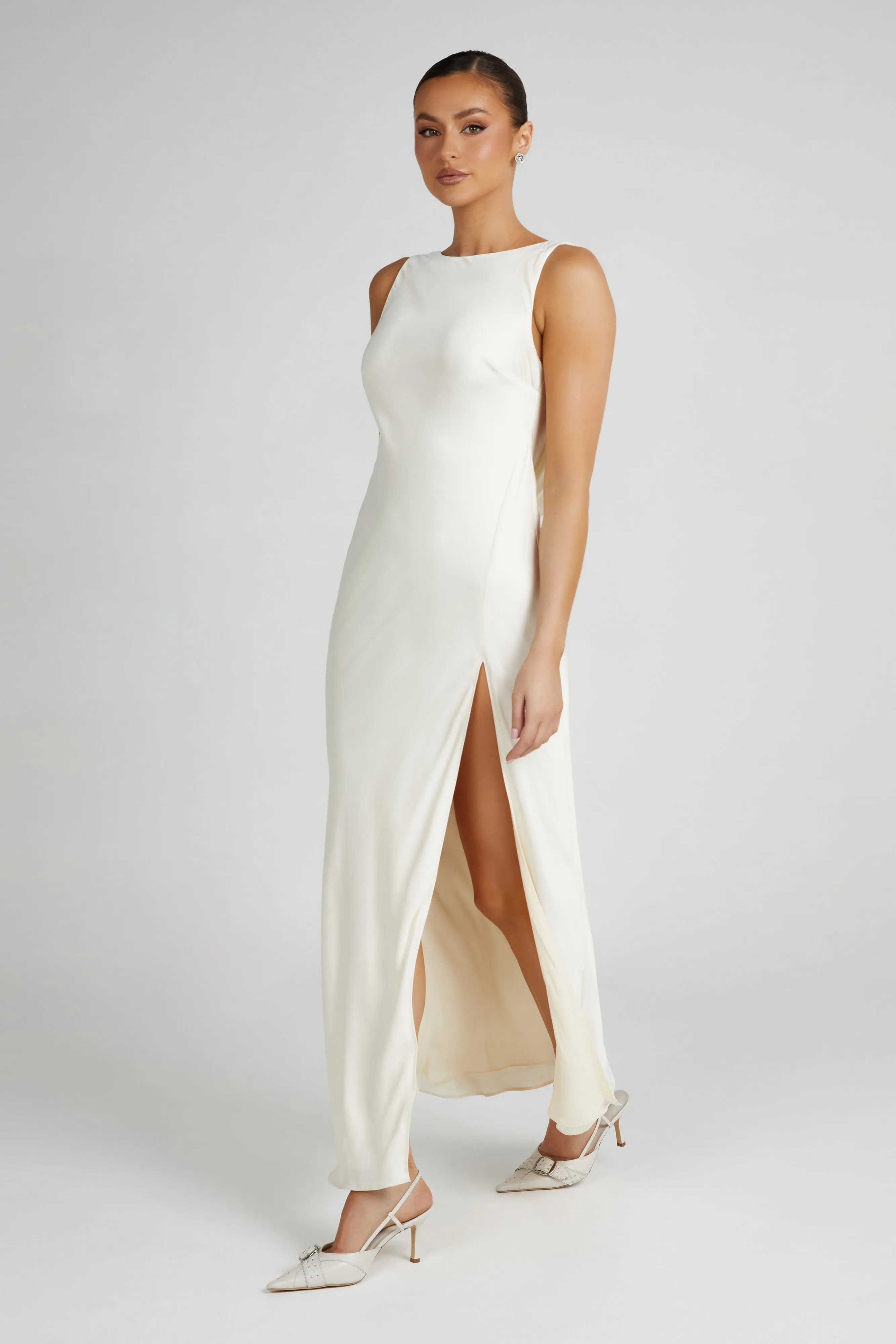 Gemima Satin Maxi Dress With Split - Ivory sold by Meshki product image thumbnail 4