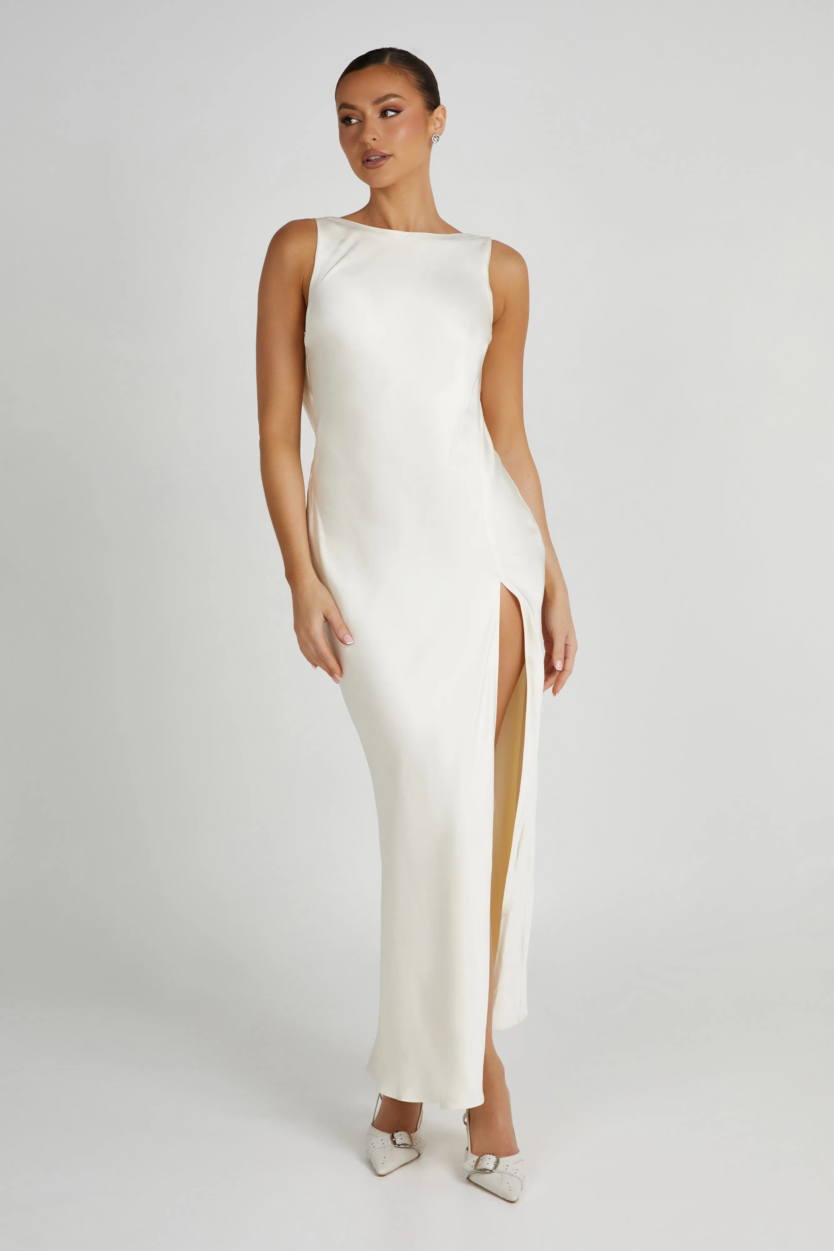 Gemima Satin Maxi Dress With Split - Ivory sold by Meshki