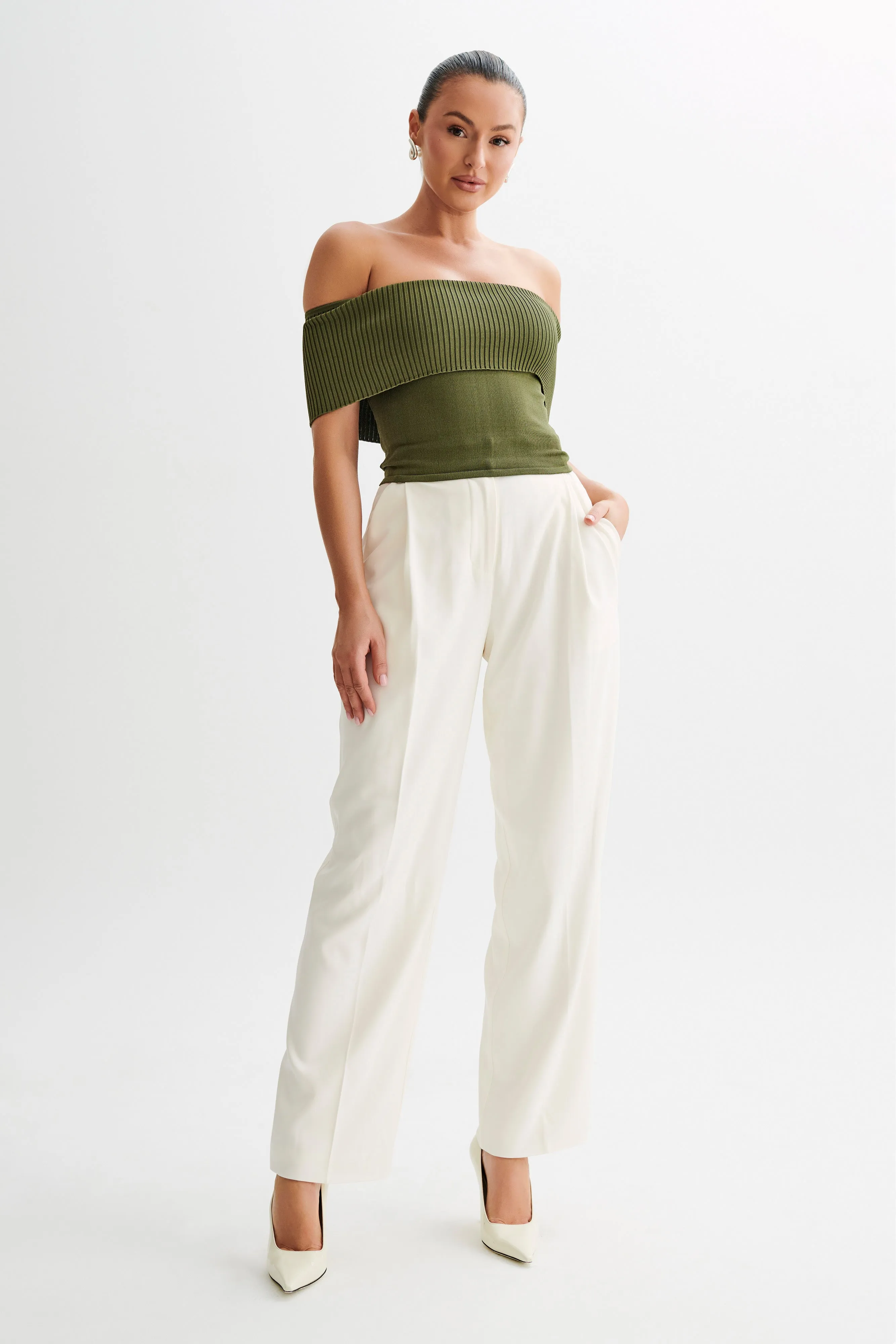 Susanna Off Shoulder Knit Top - Military Olive sold by Meshki product image thumbnail 4