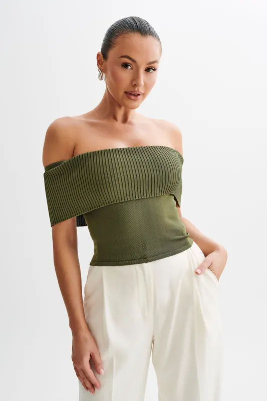 Susanna Off Shoulder Knit Top - Military Olive sold by Meshki