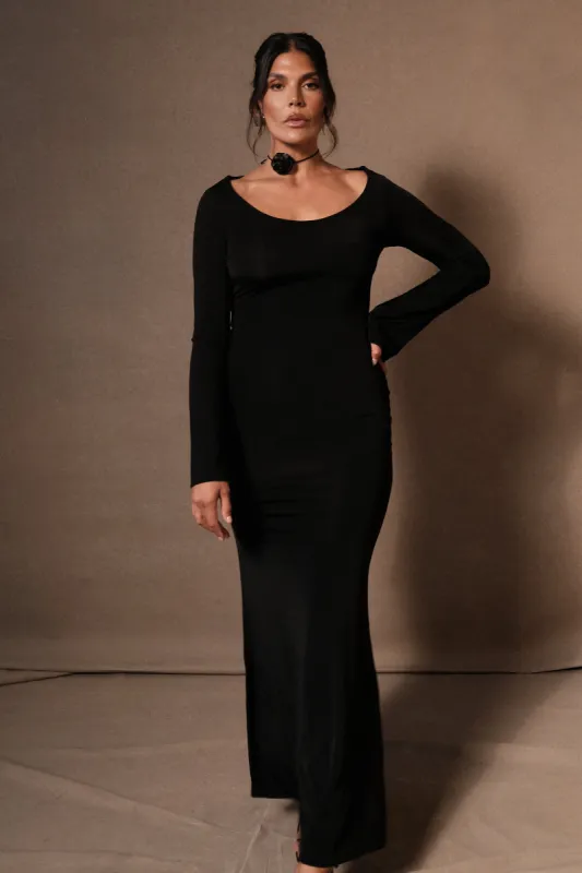 Millicent Slinky Long Sleeve Maxi Dress - Black sold by Meshki