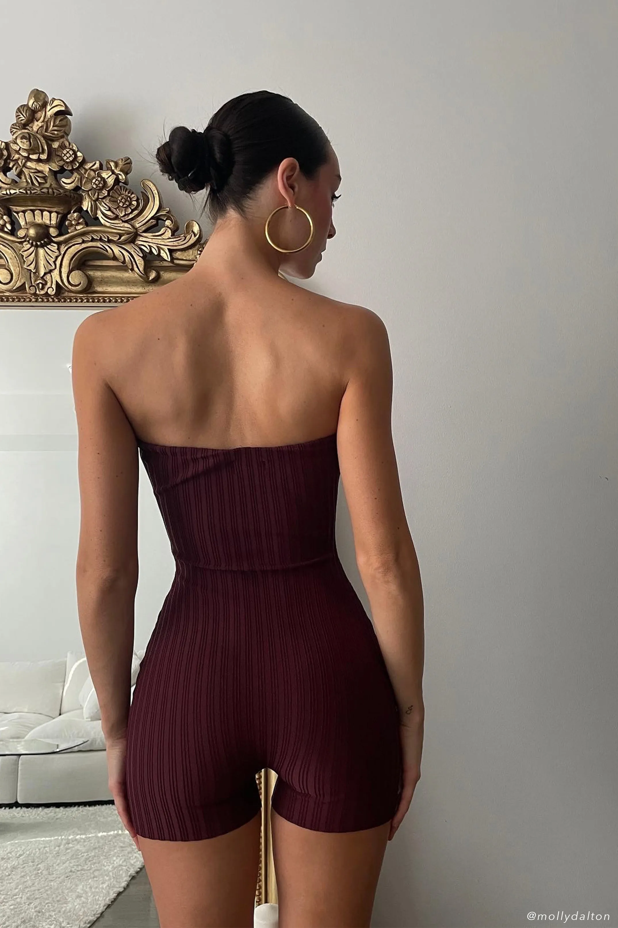 Ginny Strapless Knitted Playsuit - Cherry Chocolate sold by Meshki