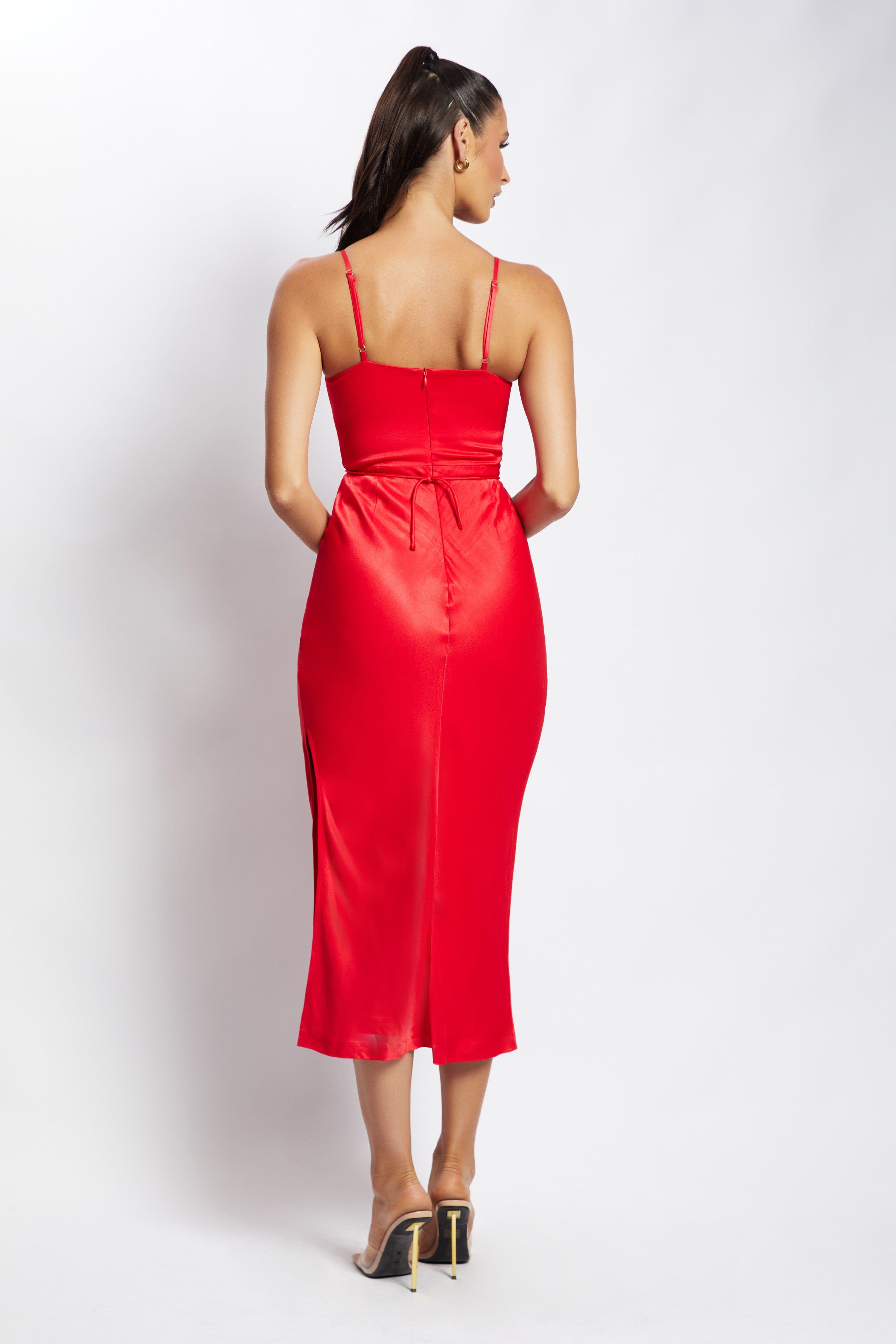 Cassie Ruched Cut Out Midi Dress - Red sold by Meshki product image thumbnail 8