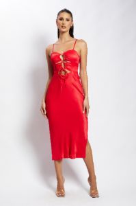 Cassie Ruched Cut Out Midi Dress - Red sold by Meshki