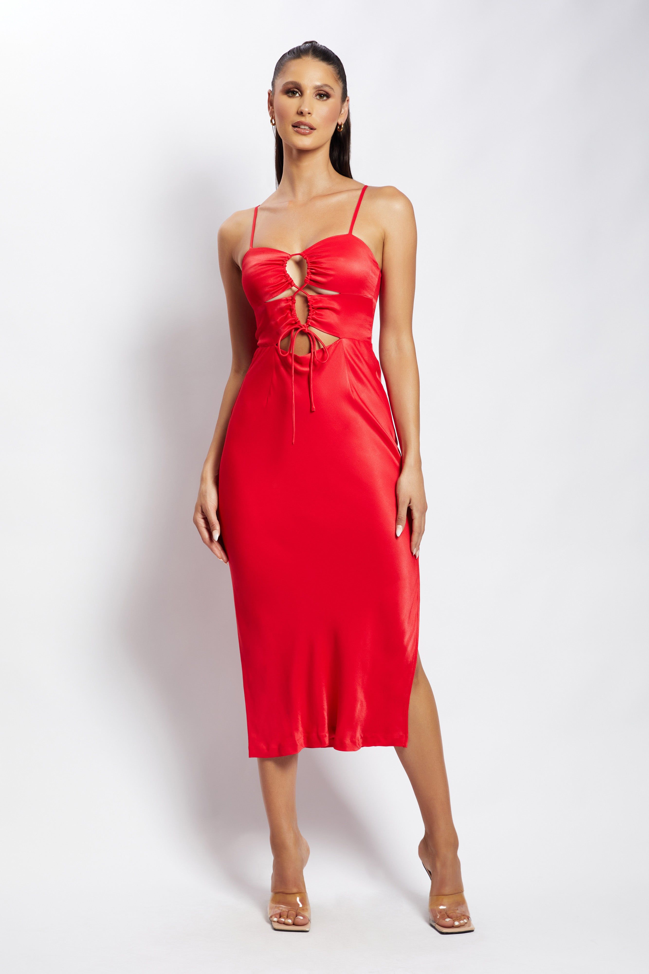 Cassie Ruched Cut Out Midi Dress - Red sold by Meshki product image thumbnail 6