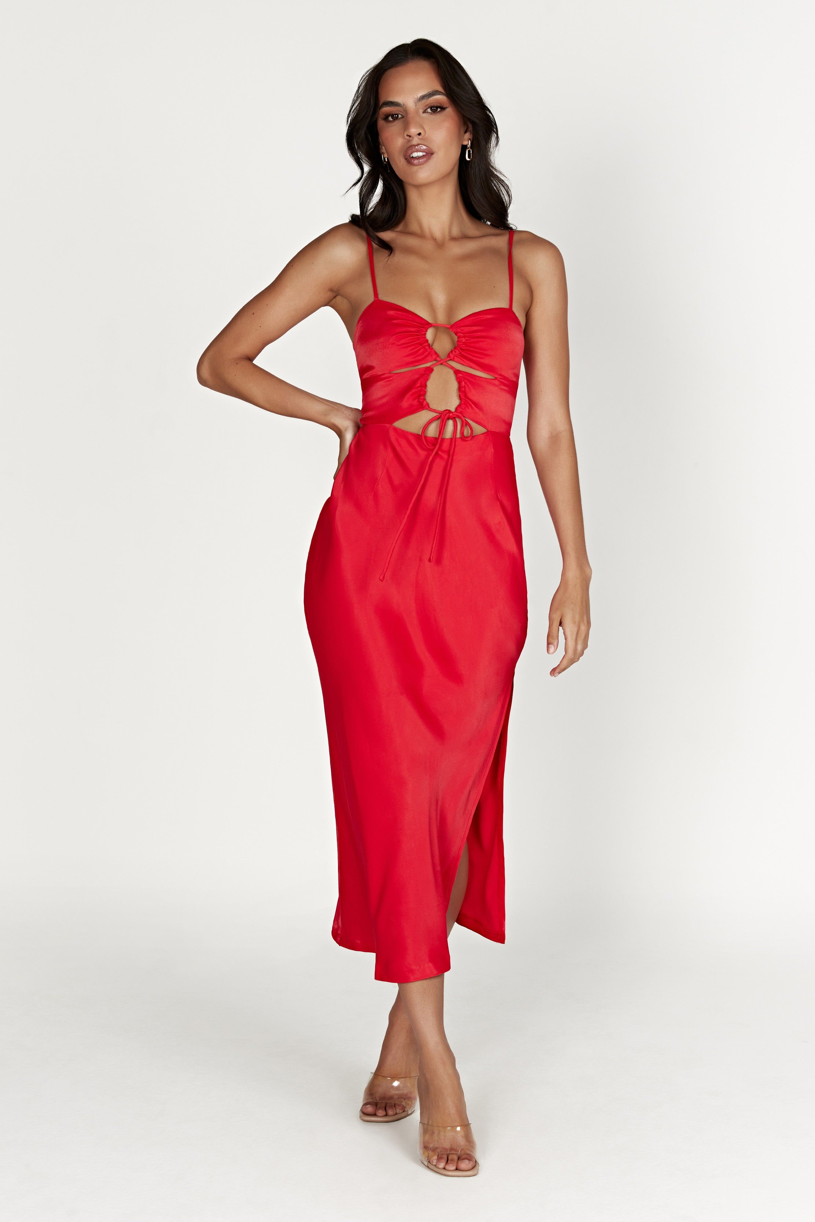 Cassie Ruched Cut Out Midi Dress - Red sold by Meshki