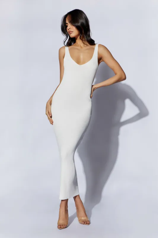Jodie V Neck Midi Dress - Off White sold by Meshki