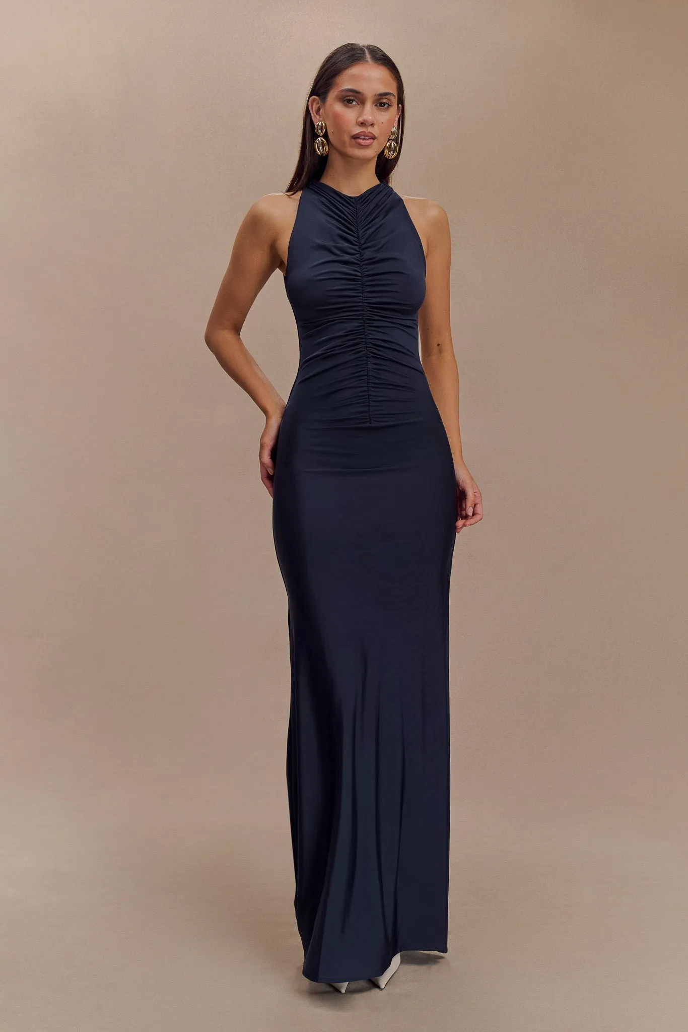 Priya Slinky Ruched Halter Maxi Dress - Navy sold by Meshki product image thumbnail 5