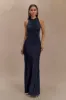 Priya Slinky Ruched Halter Maxi Dress - Navy sold by Meshki