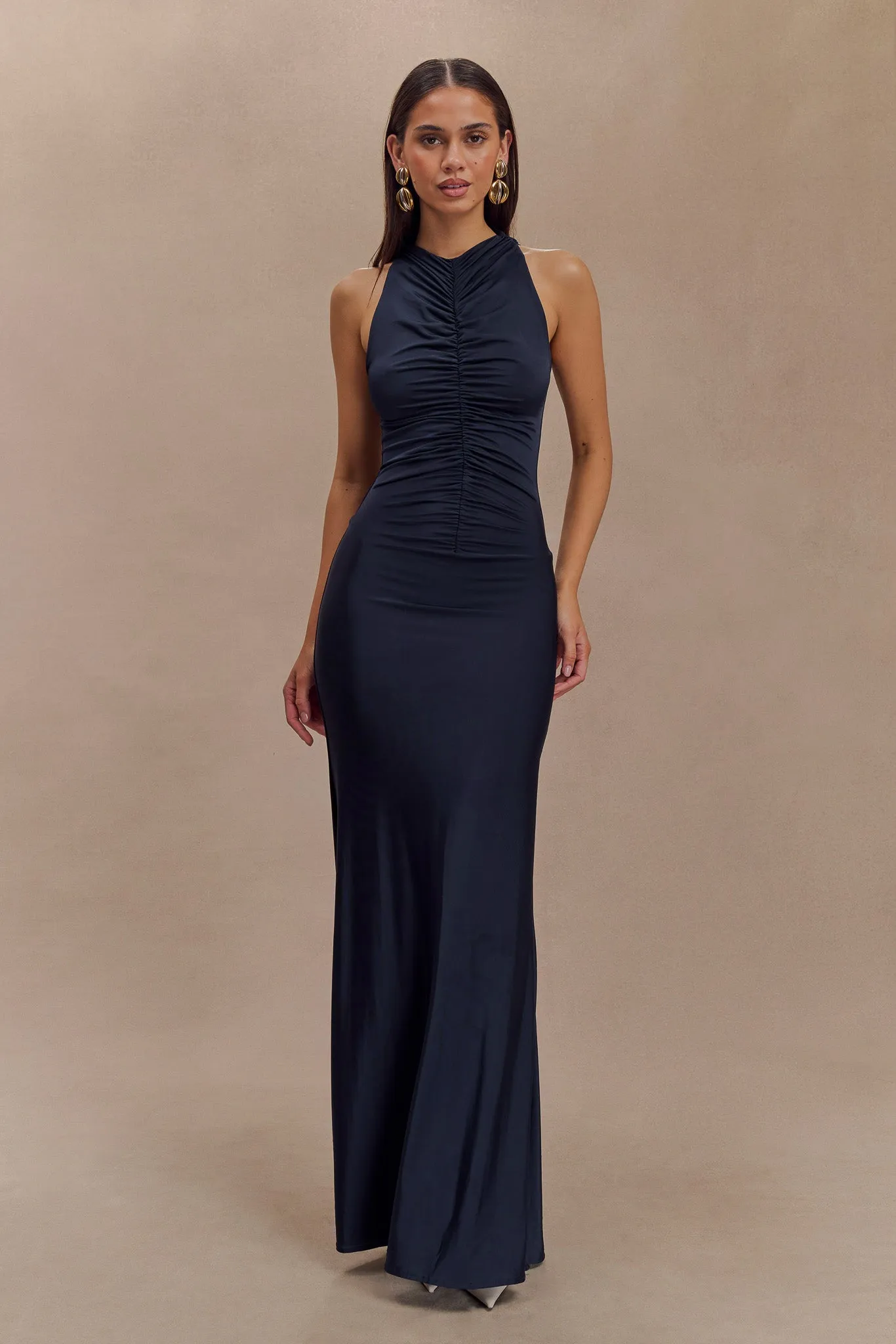Priya Slinky Ruched Halter Maxi Dress - Navy | Parallel