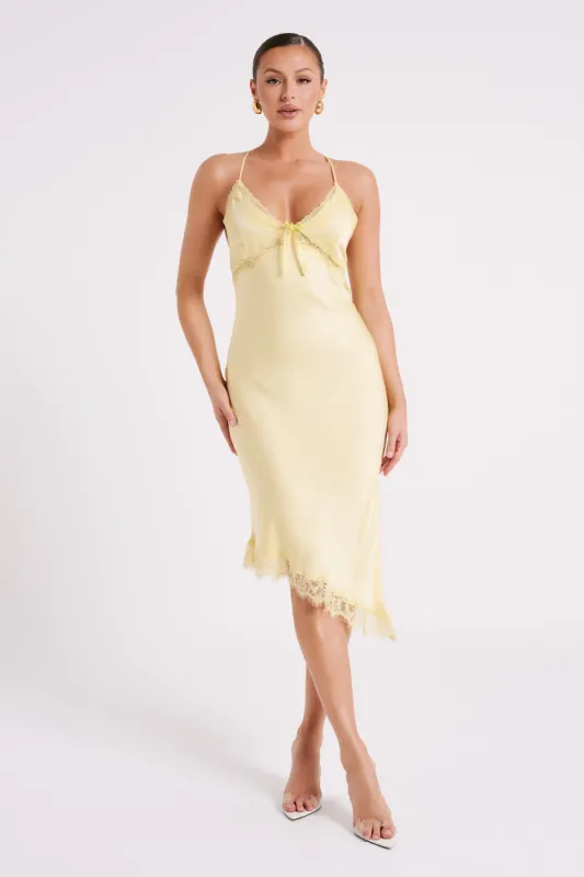 Crawford Satin Midi Dress - Yellow sold by Meshki