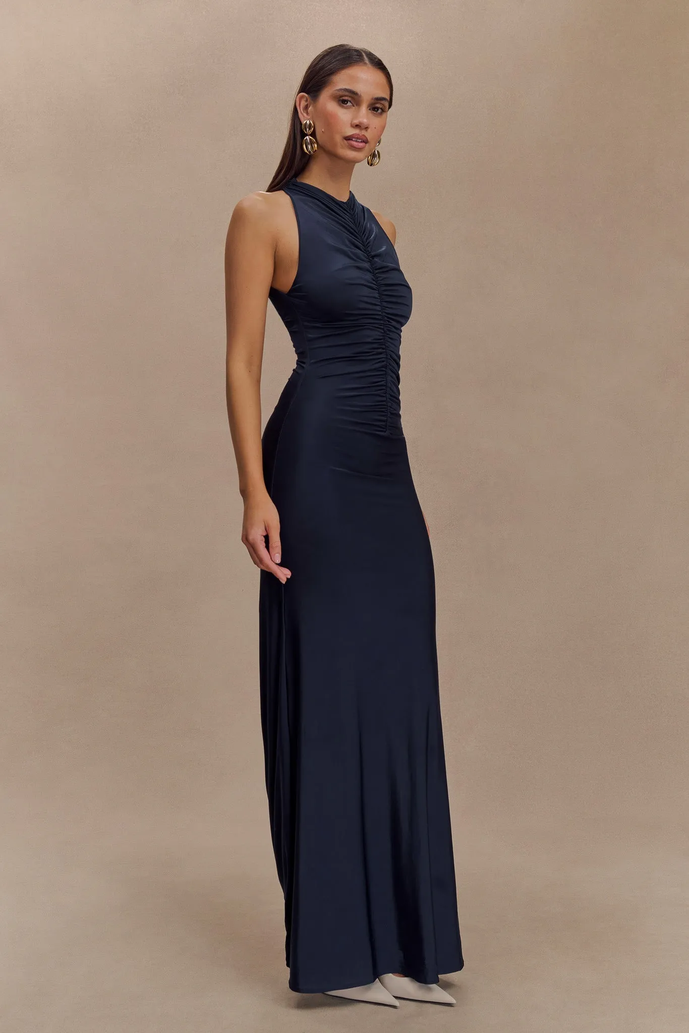 Priya Slinky Ruched Halter Maxi Dress - Navy sold by Meshki product image thumbnail 4
