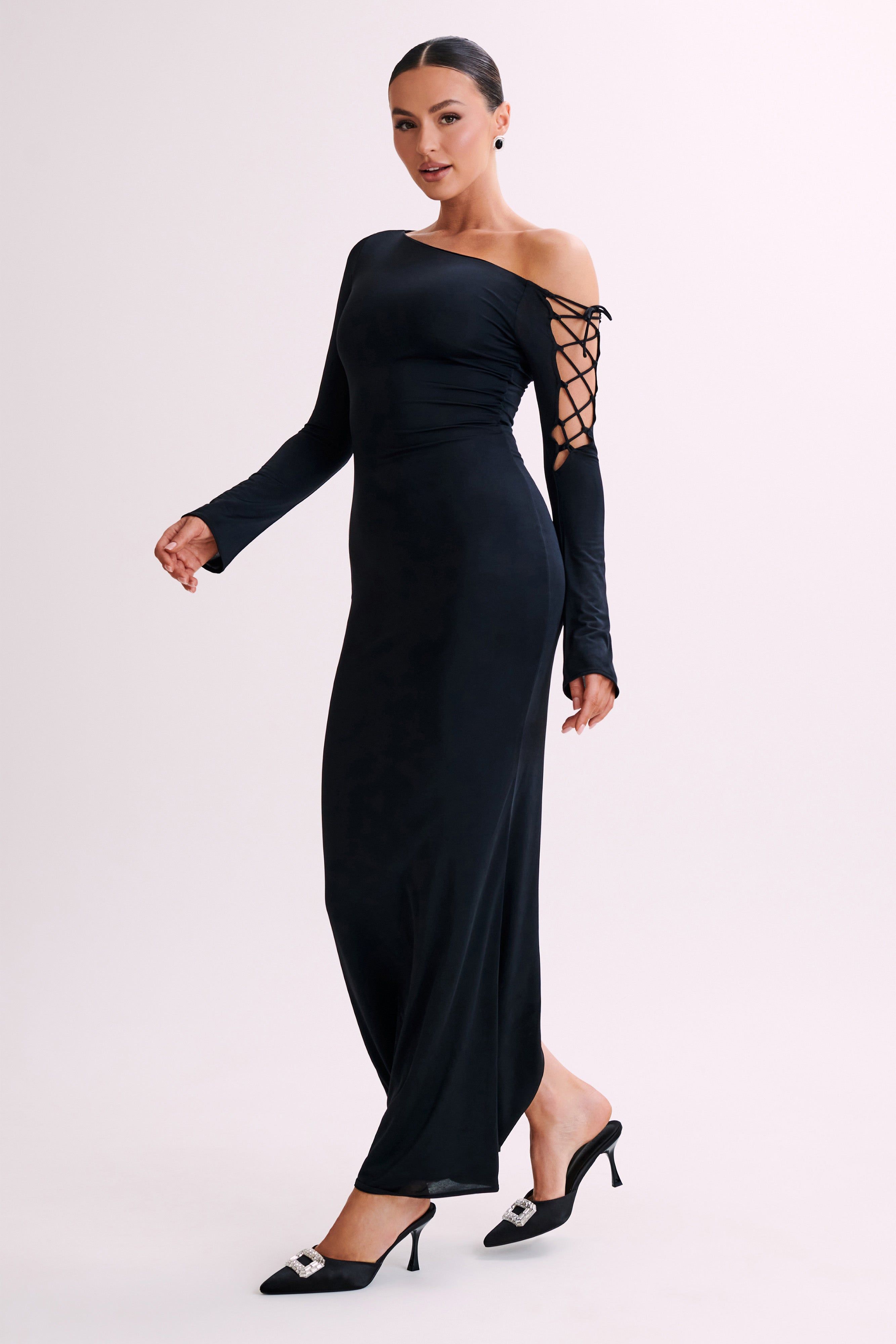 Gabby Tie Sleeve Satin Maxi Dress - Black sold by Meshki product image thumbnail 5