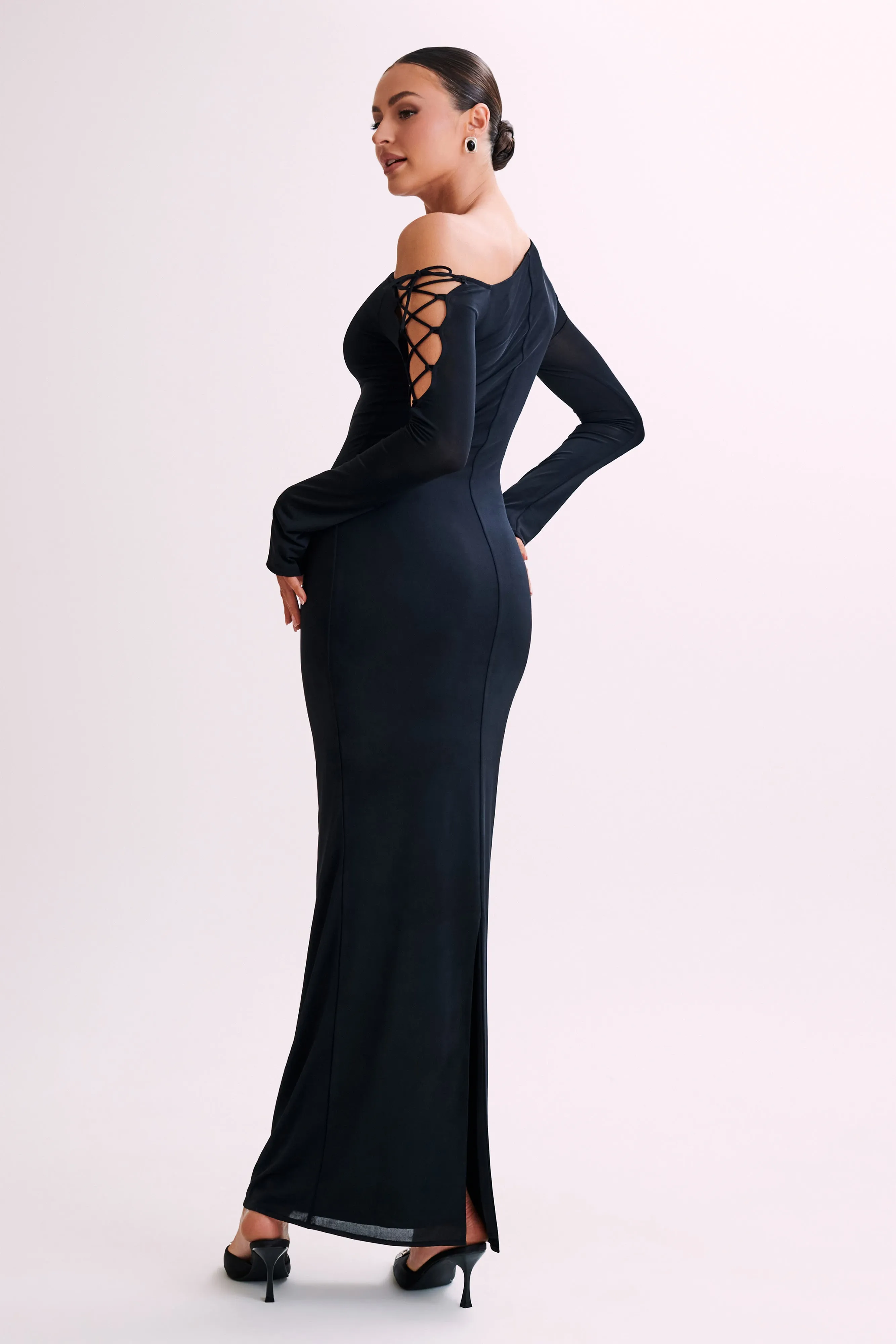 Gabby Tie Sleeve Slinky Maxi Dress - Black sold by Meshki product image thumbnail 3