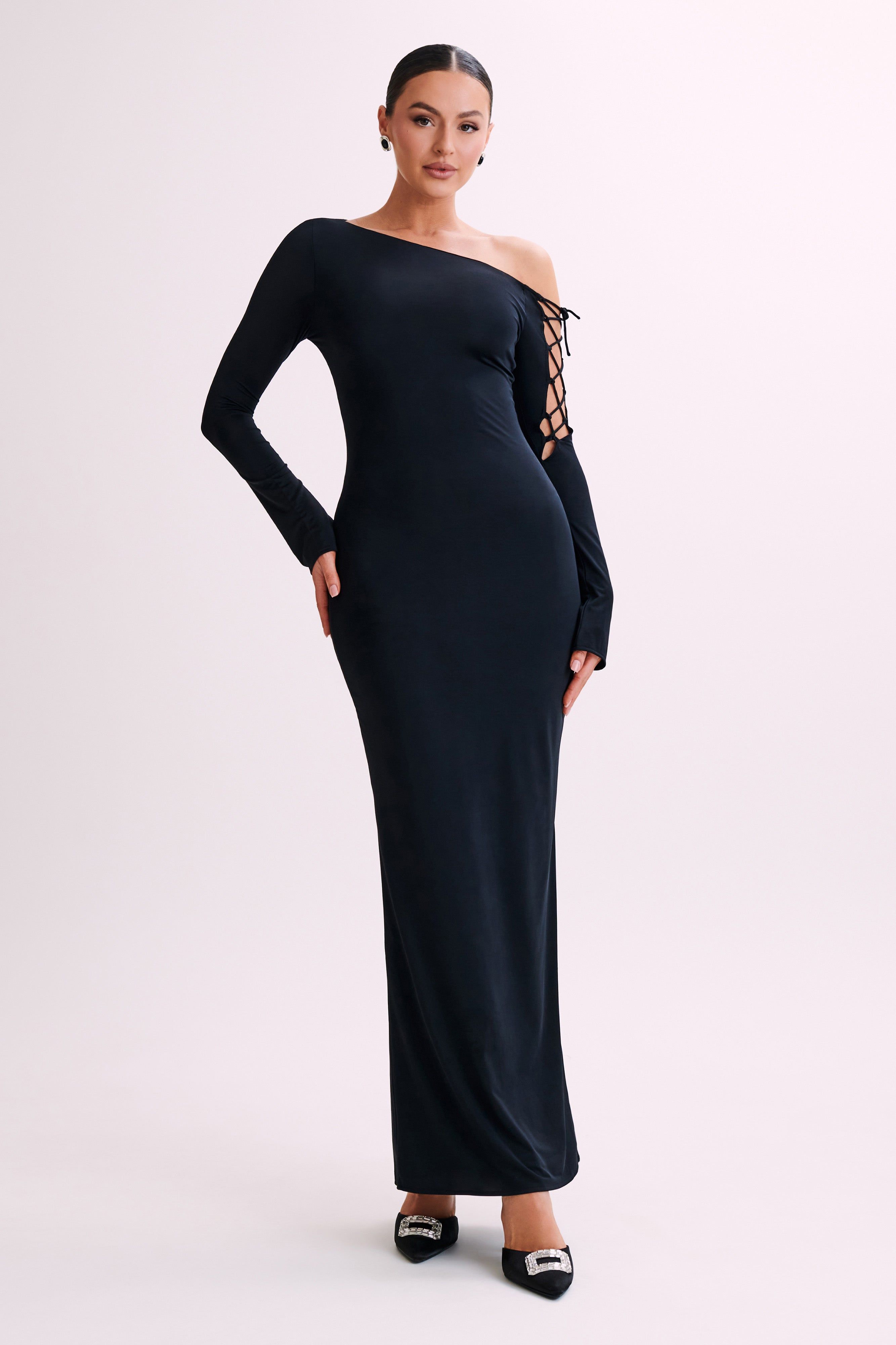 Gabby Tie Sleeve Satin Maxi Dress - Black sold by Meshki product image thumbnail 4